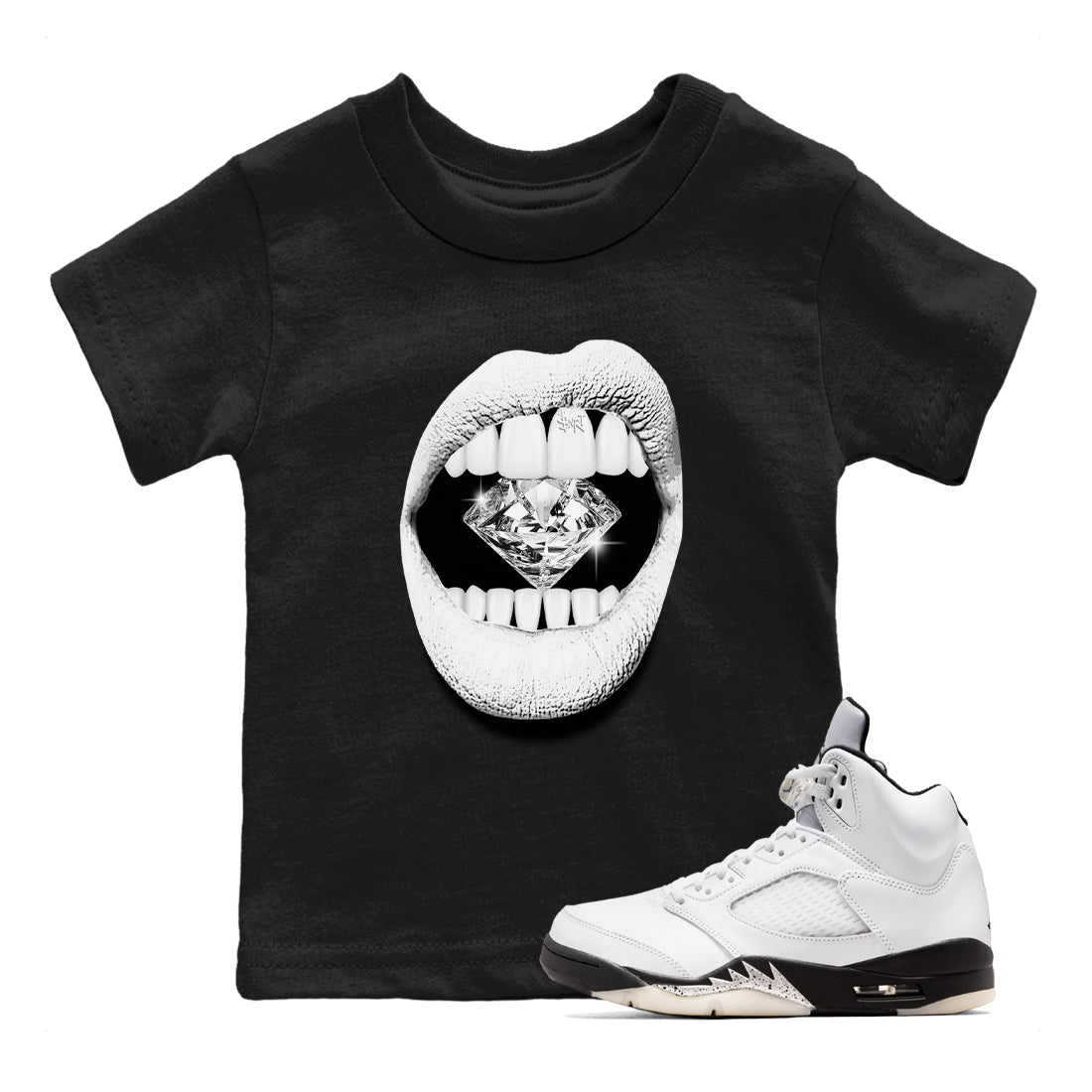 5s White Black shirts to match jordans Lips Diamond sneaker match tees Air Jordan 5 White Black match shoes to clothes SNRT Sneaker Tees Youth Baby Black 1 tee