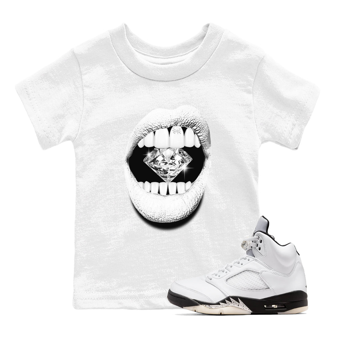 5s White Black shirts to match jordans Lips Diamond sneaker match tees Air Jordan 5 White Black match shoes to clothes SNRT Sneaker Tees Youth Baby White 1 tee