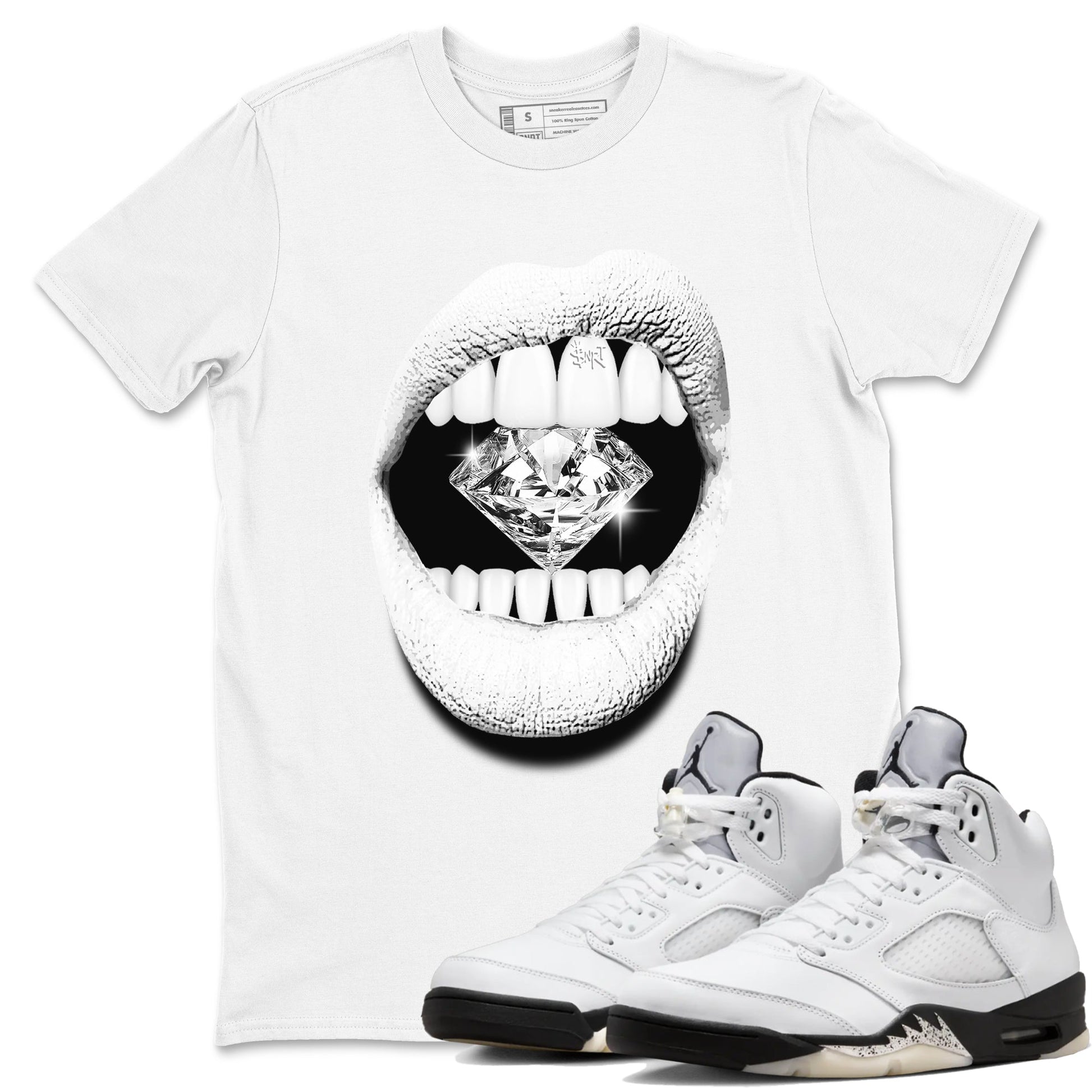 5s White Black shirts to match jordans Lips Diamond sneaker match tees Air Jordan 5 White Black match shoes to clothes SNRT Sneaker Tees unisex cotton White 1 shirts