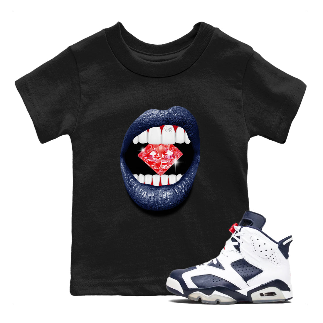 6s White And Midnight Navy shirts to match jordans Lips Diamond sneaker match tees Air Jordan 6 White And Midnight Navy SNRT Sneaker Release Tees Youth Baby Black 1 crew neck shirts