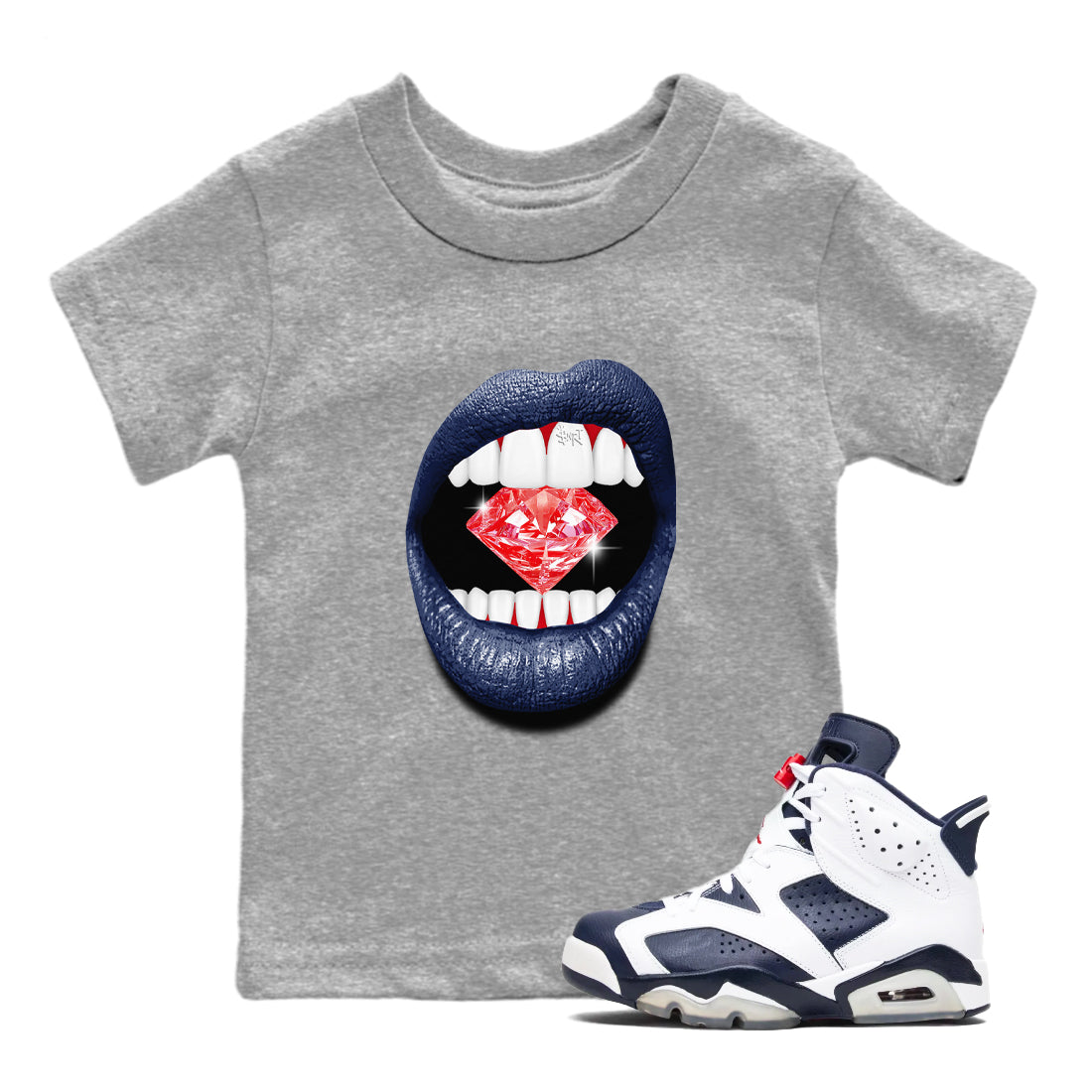 6s White And Midnight Navy shirts to match jordans Lips Diamond sneaker match tees Air Jordan 6 White And Midnight Navy SNRT Sneaker Release Tees Youth Baby Heather Grey 1 crew neck shirts