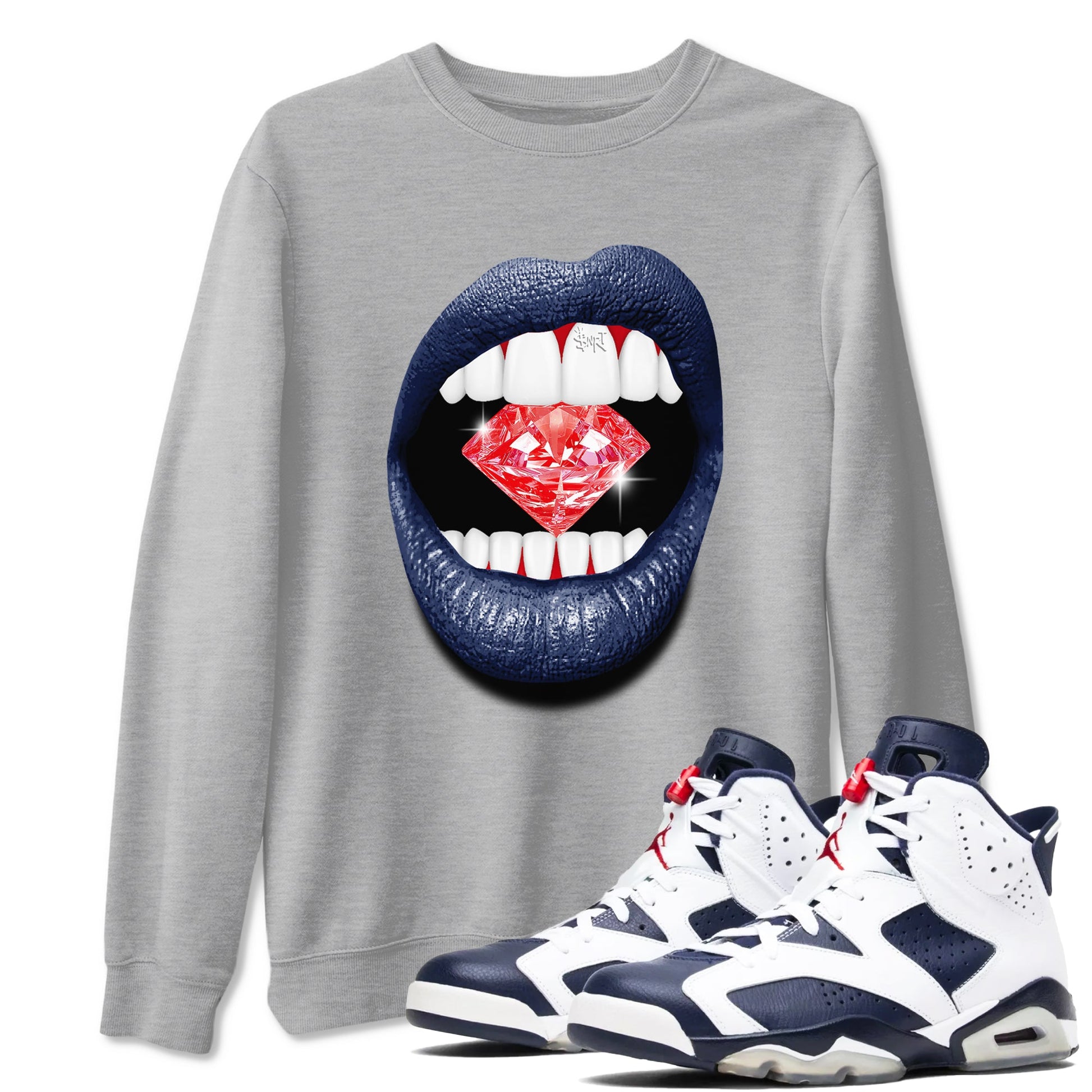 6s White And Midnight Navy shirts to match jordans Lips Diamond sneaker match tees Air Jordan 6 White And Midnight Navy SNRT Sneaker Release Tees unisex cotton Heather Grey 1 crew neck shirts