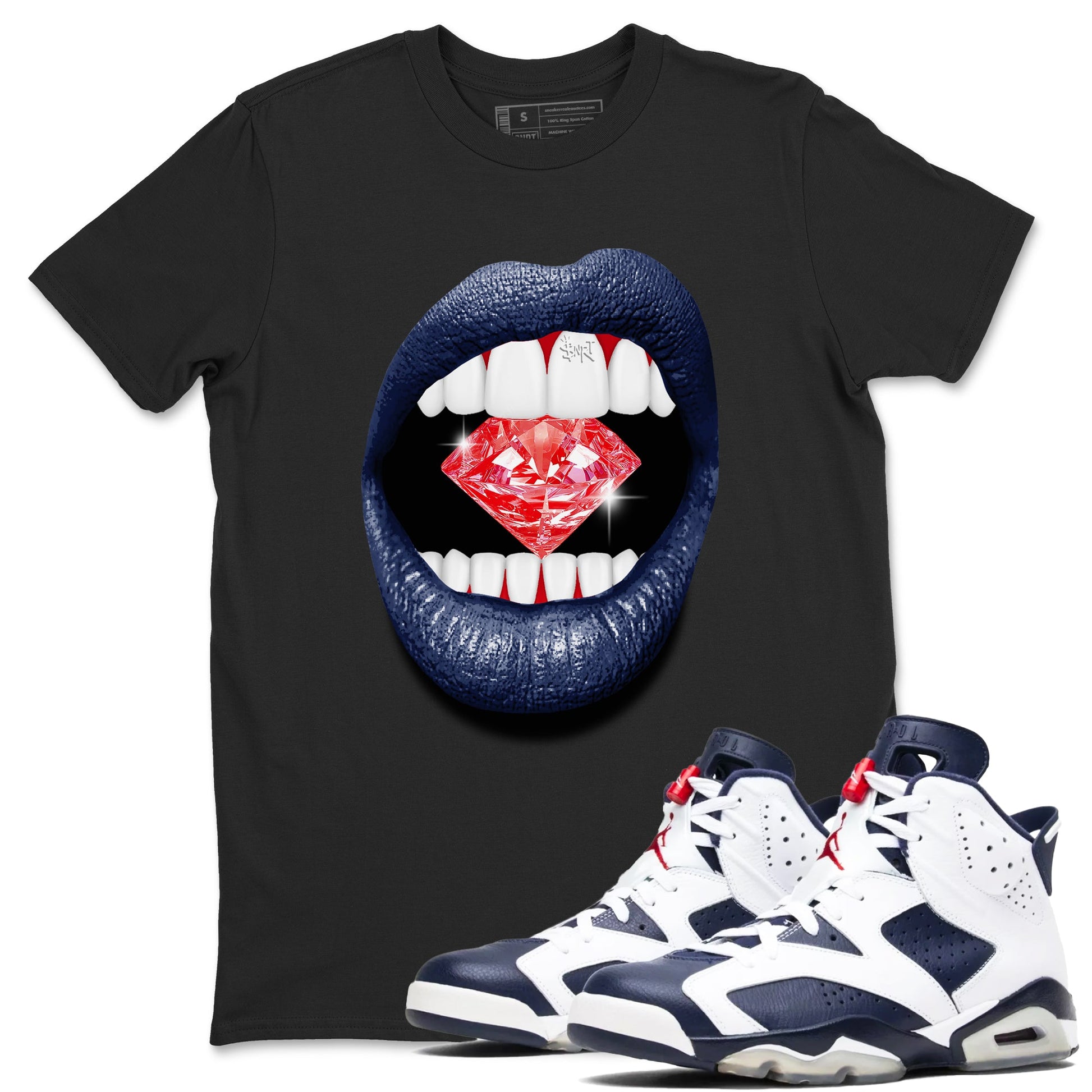 6s White And Midnight Navy shirts to match jordans Lips Diamond sneaker match tees Air Jordan 6 White And Midnight Navy SNRT Sneaker Release Tees unisex cotton Black 1 crew neck shirts