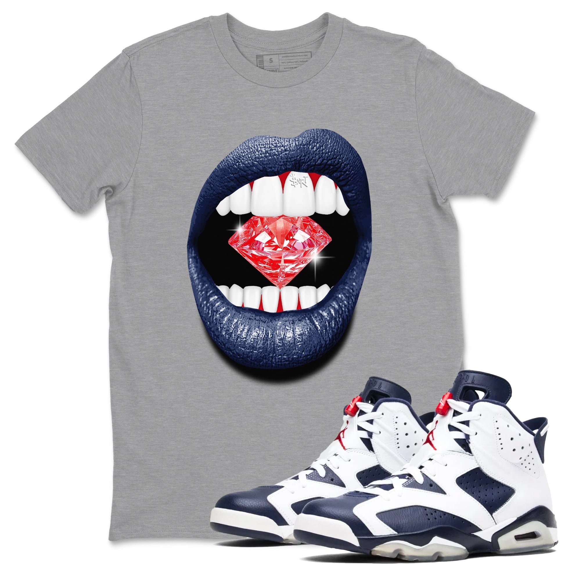 6s White And Midnight Navy shirts to match jordans Lips Diamond sneaker match tees Air Jordan 6 White And Midnight Navy SNRT Sneaker Release Tees unisex cotton Heather Grey 1 crew neck shirts