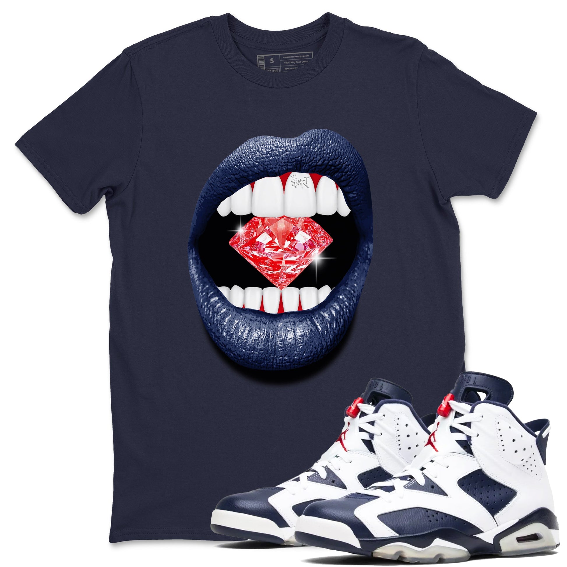 6s White And Midnight Navy shirts to match jordans Lips Diamond sneaker match tees Air Jordan 6 White And Midnight Navy SNRT Sneaker Release Tees unisex cotton Navy 1 crew neck shirts