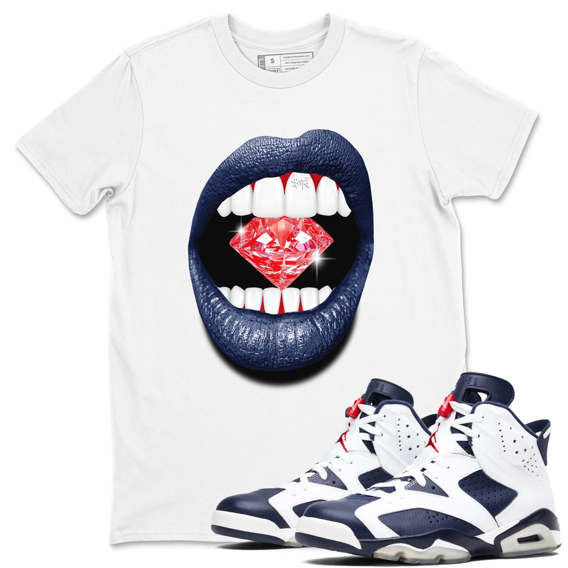 6s White And Midnight Navy shirts to match jordans Lips Diamond sneaker match tees Air Jordan 6 White And Midnight Navy SNRT Sneaker Release Tees unisex cotton White 1 crew neck shirts