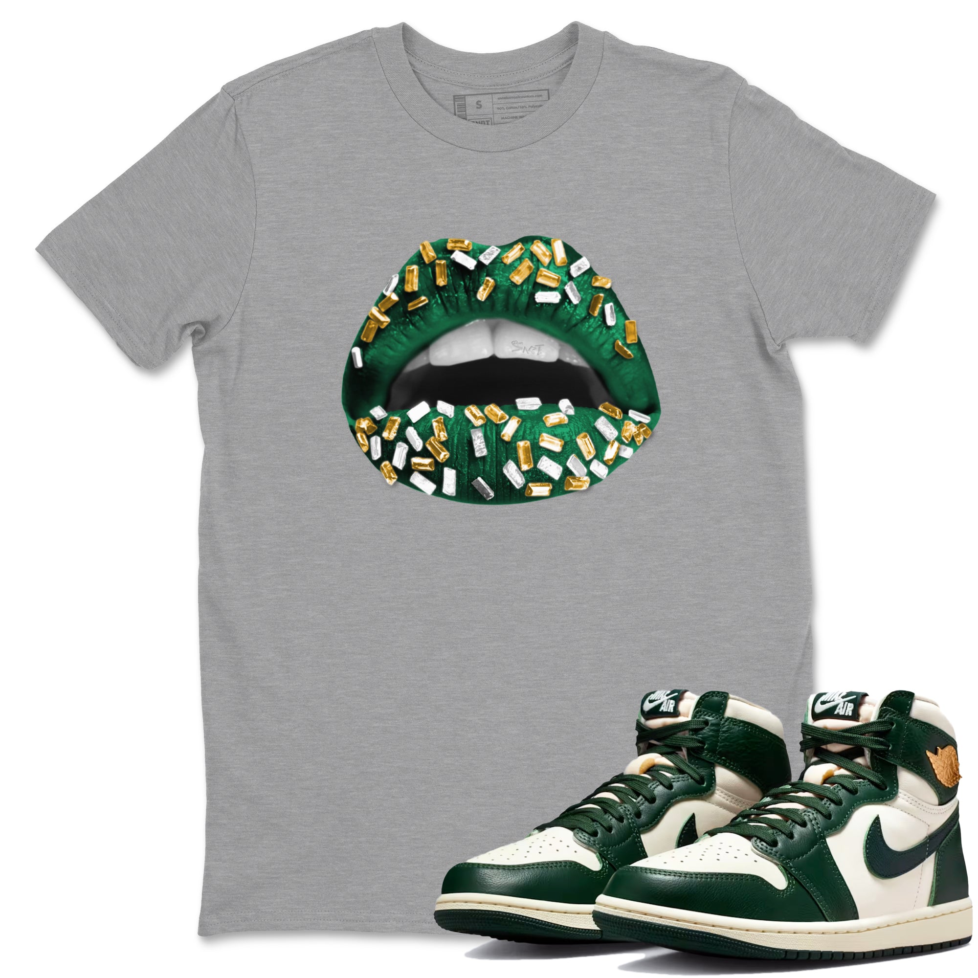 Sneaker Threads – Sneaker Tees To Match Air Jordan 1 Pro Green – Lips Jewel Graphic Tee Heather Grey 1. Perfect for Jordan releases 2025 colorways.