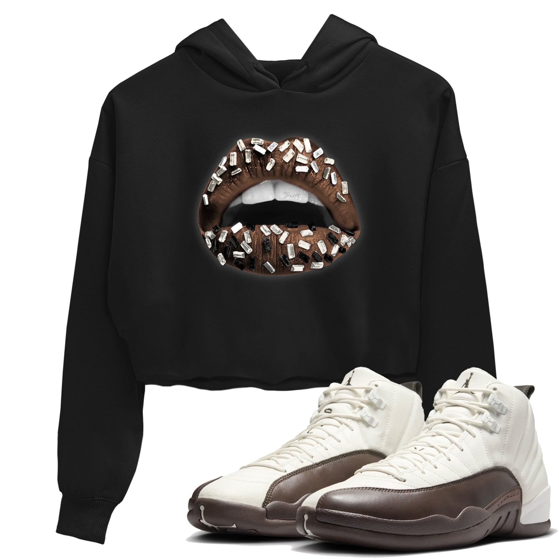 AJ12 Baroque Brown shirts to match jordans Lips Jewel best t shirts to wear with jordans SoleFly x Jordan 12 Baroque Brown match shoes to clothes SNRT Sneaker Tees unisex cotton Black 1 crop tee
