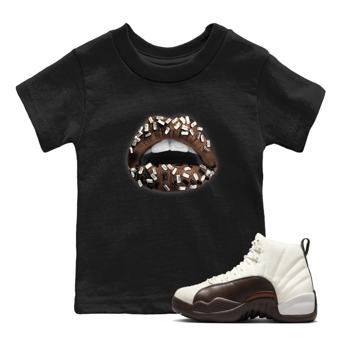 AJ12 Baroque Brown shirts to match jordans Lips Jewel best t shirts to wear with jordans SoleFly x Jordan 12 Baroque Brown match shoes to clothes SNRT Sneaker Tees Youth Baby Black 1 tee