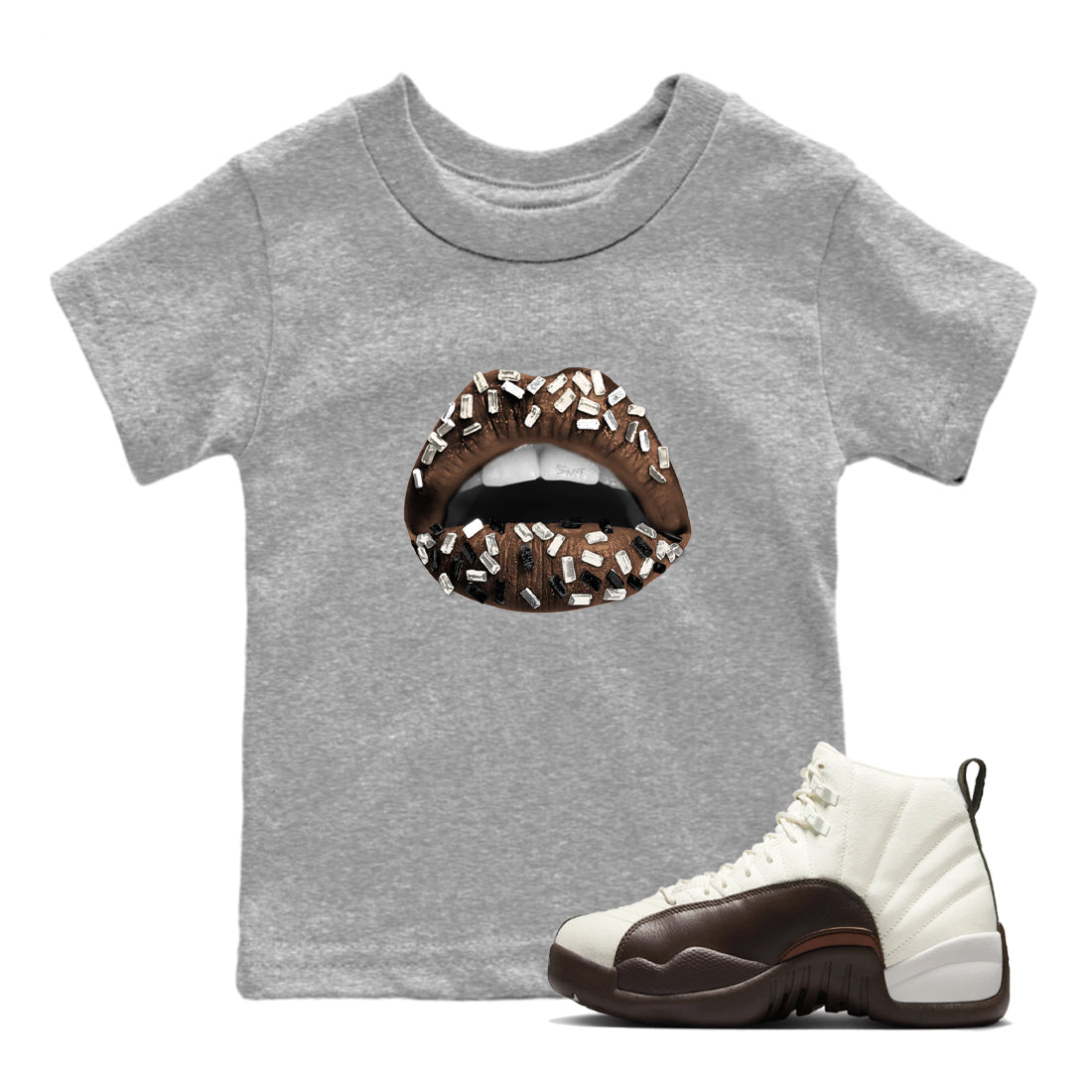 AJ12 Baroque Brown shirts to match jordans Lips Jewel best t shirts to wear with jordans SoleFly x Jordan 12 Baroque Brown match shoes to clothes SNRT Sneaker Tees Youth Baby Heather Grey 1 tee