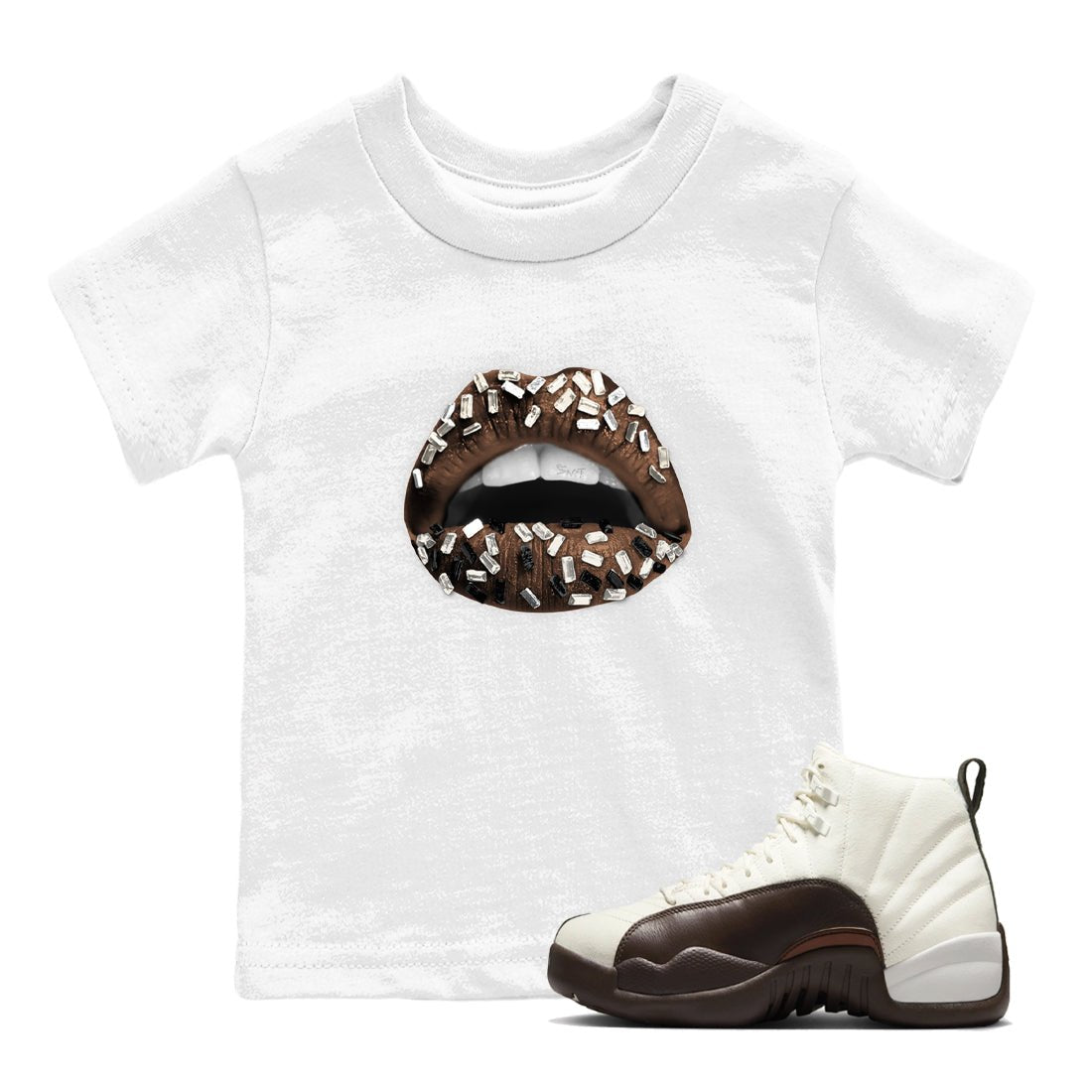 AJ12 Baroque Brown shirts to match jordans Lips Jewel best t shirts to wear with jordans SoleFly x Jordan 12 Baroque Brown match shoes to clothes SNRT Sneaker Tees Youth Baby White 1 tee