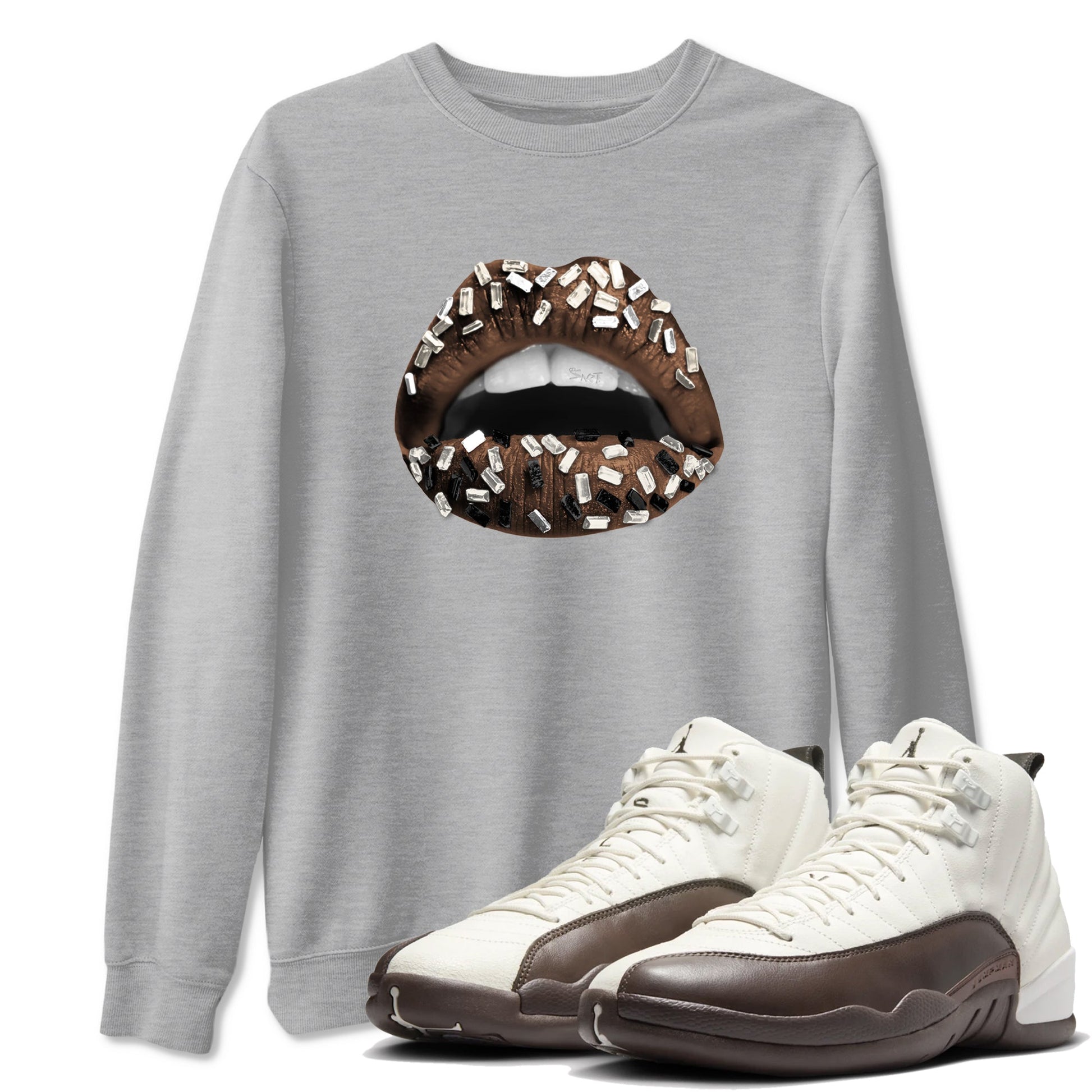 AJ12 Baroque Brown shirts to match jordans Lips Jewel best t shirts to wear with jordans SoleFly x Jordan 12 Baroque Brown match shoes to clothes SNRT Sneaker Tees unisex cotton Heather Grey 1 shirts