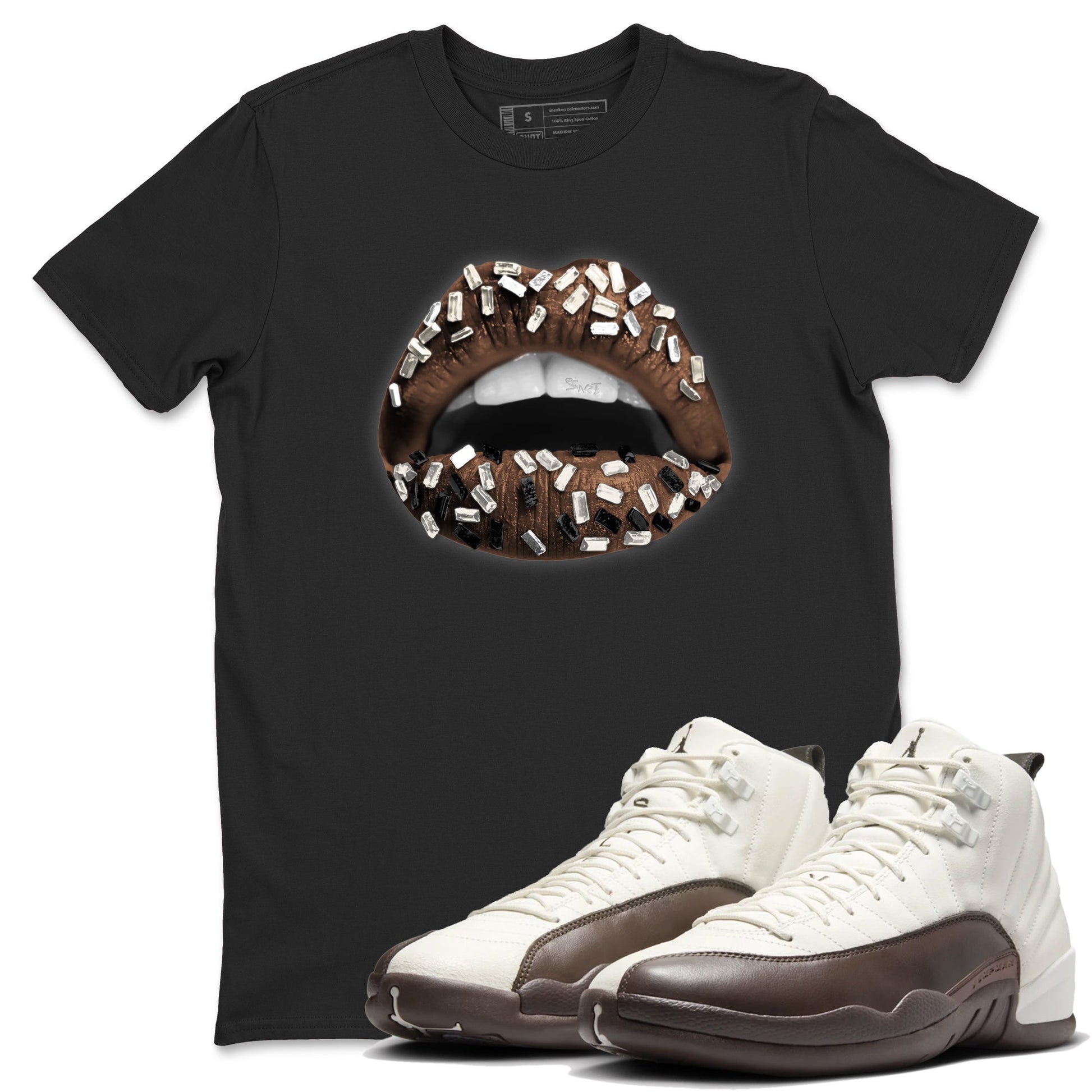 AJ12 Baroque Brown shirts to match jordans Lips Jewel best t shirts to wear with jordans SoleFly x Jordan 12 Baroque Brown match shoes to clothes SNRT Sneaker Tees unisex cotton Black 1 shirts