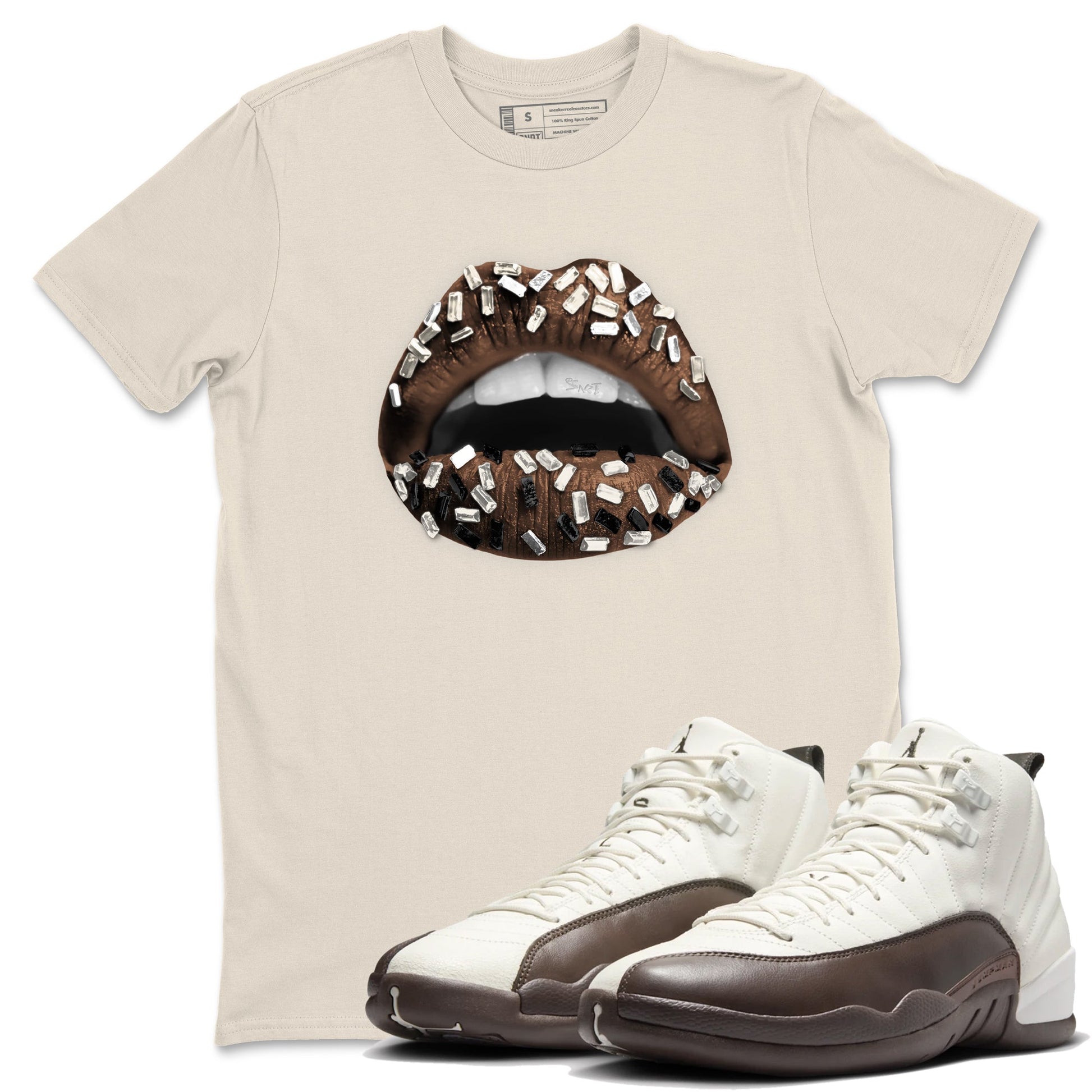 AJ12 Baroque Brown shirts to match jordans Lips Jewel best t shirts to wear with jordans SoleFly x Jordan 12 Baroque Brown match shoes to clothes SNRT Sneaker Tees unisex cotton Natural 1 shirts