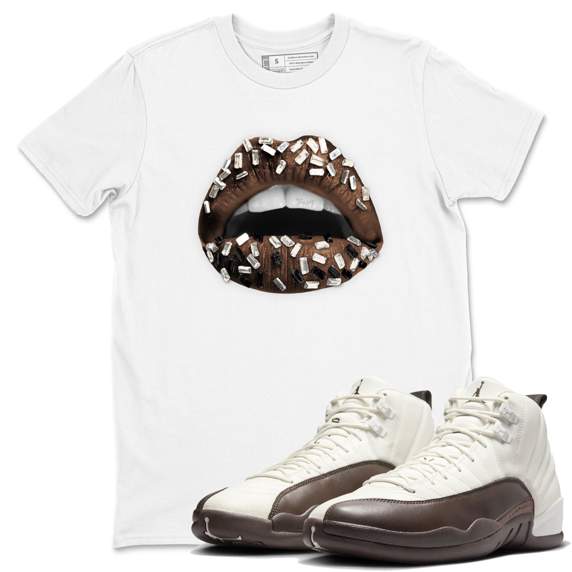AJ12 Baroque Brown shirts to match jordans Lips Jewel best t shirts to wear with jordans SoleFly x Jordan 12 Baroque Brown match shoes to clothes SNRT Sneaker Tees unisex cotton White 1 shirts