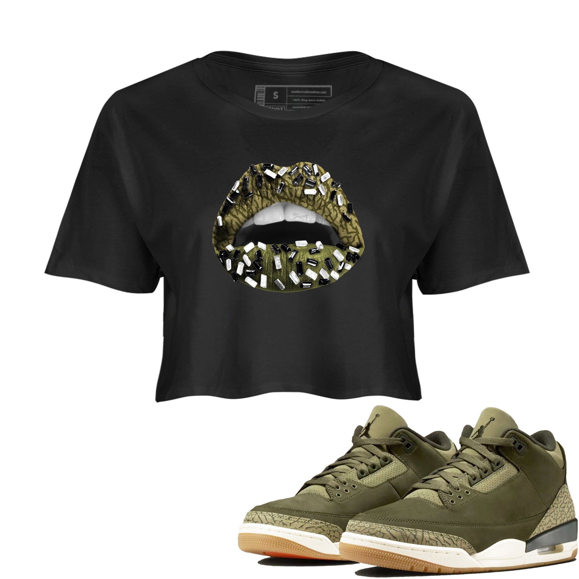 Sneaker Threads – Sneaker Tees To Match Air Jordan 3 Medium Olive – Lips Jewel Crop Tee Black 1. Perfect for Jordan releases 2025 colorways.