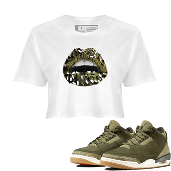 Sneaker Threads – Sneaker Tees To Match Air Jordan 3 Medium Olive – Lips Jewel Crop Tee White 1. Perfect for Jordan releases 2025 colorways.