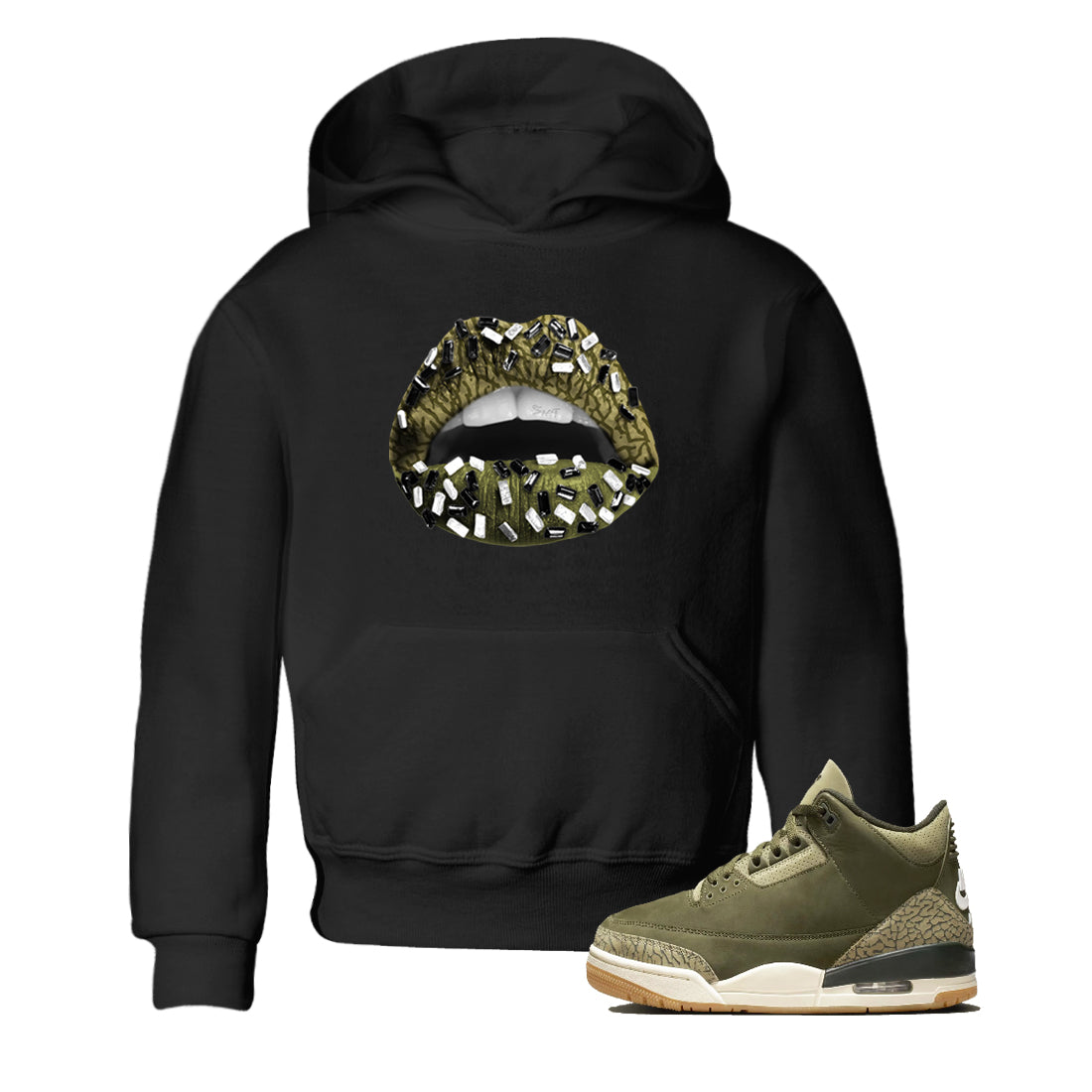 Sneaker Threads – Sneaker Tees To Match Air Jordan 3 Medium Olive – Lips Jewel Youth Graphic Tee Black 1. Perfect for Jordan releases 2025 colorways.