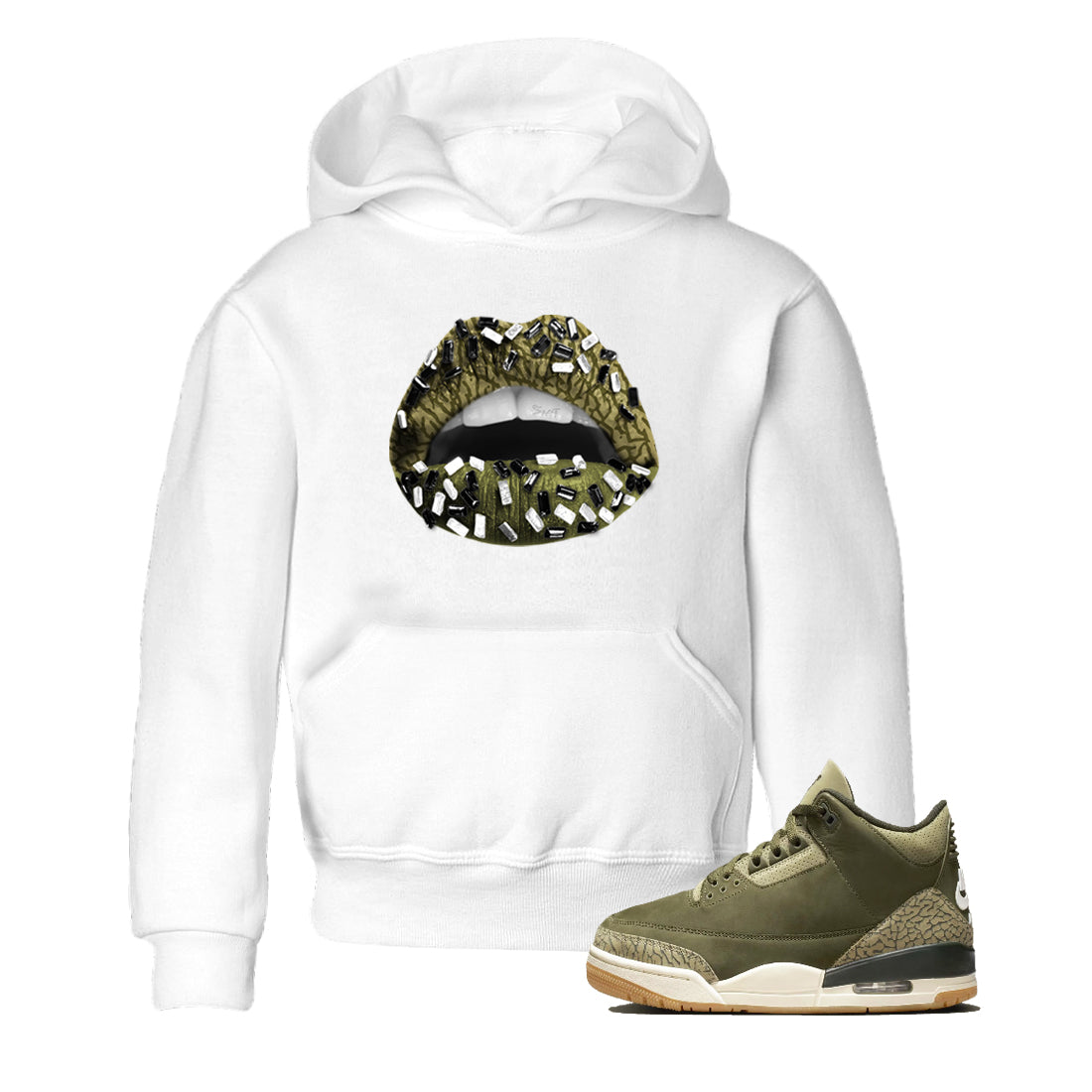 Sneaker Threads – Sneaker Tees To Match Air Jordan 3 Medium Olive – Lips Jewel Youth Graphic Tee White 1. Perfect for Jordan releases 2025 colorways.
