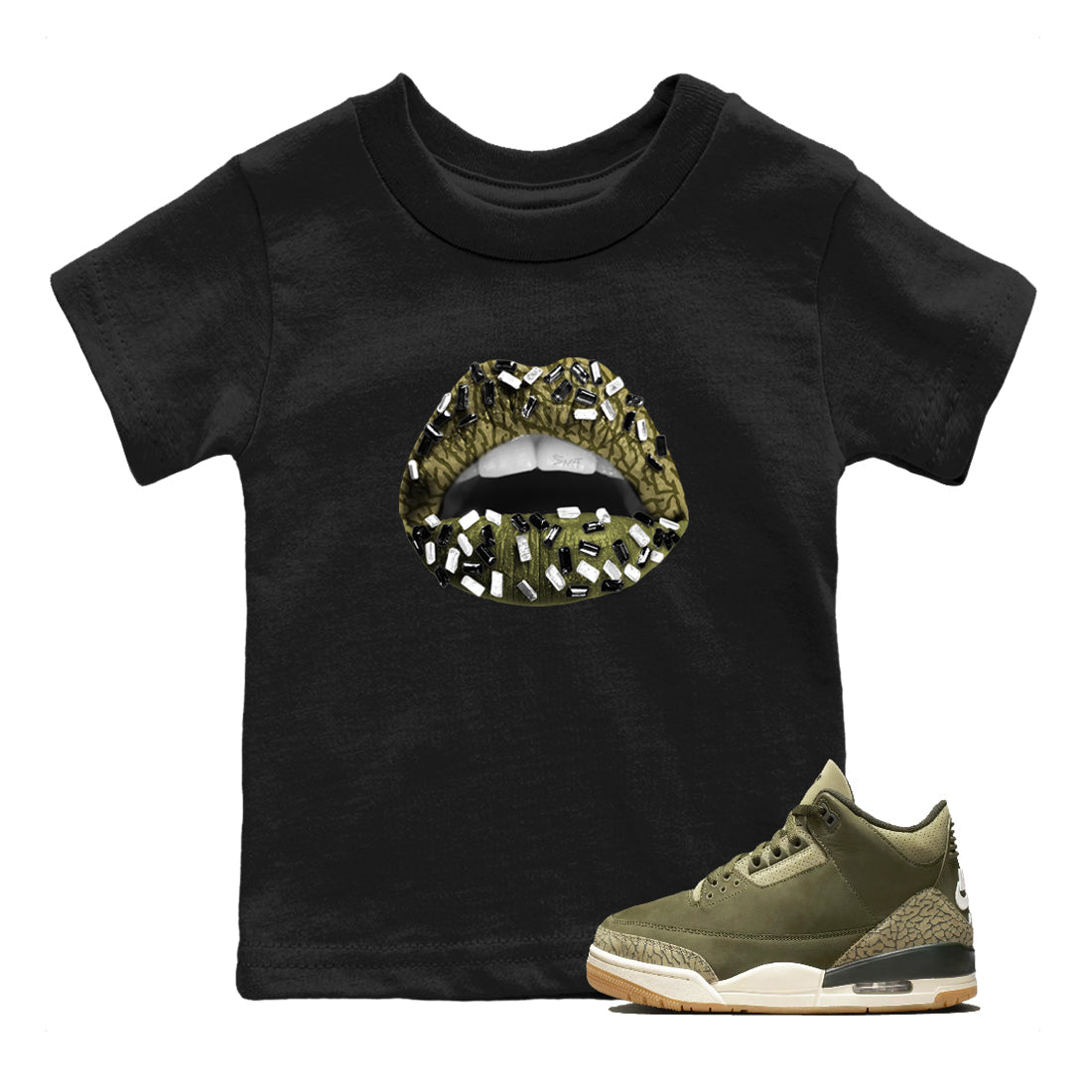 Sneaker Threads – Sneaker Tees To Match Air Jordan 3 Medium Olive – Lips Jewel Youth Graphic Tee Black 1. Perfect for Jordan releases 2025 colorways.