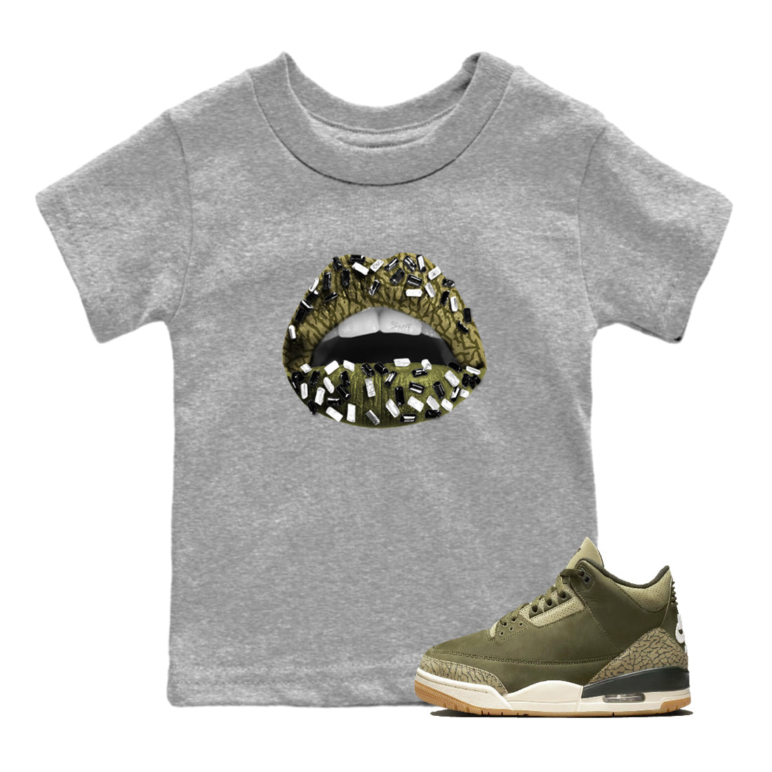 Sneaker Threads – Sneaker Tees To Match Air Jordan 3 Medium Olive – Lips Jewel Youth Graphic Tee Heather Grey 1. Perfect for Jordan releases 2025 colorways.