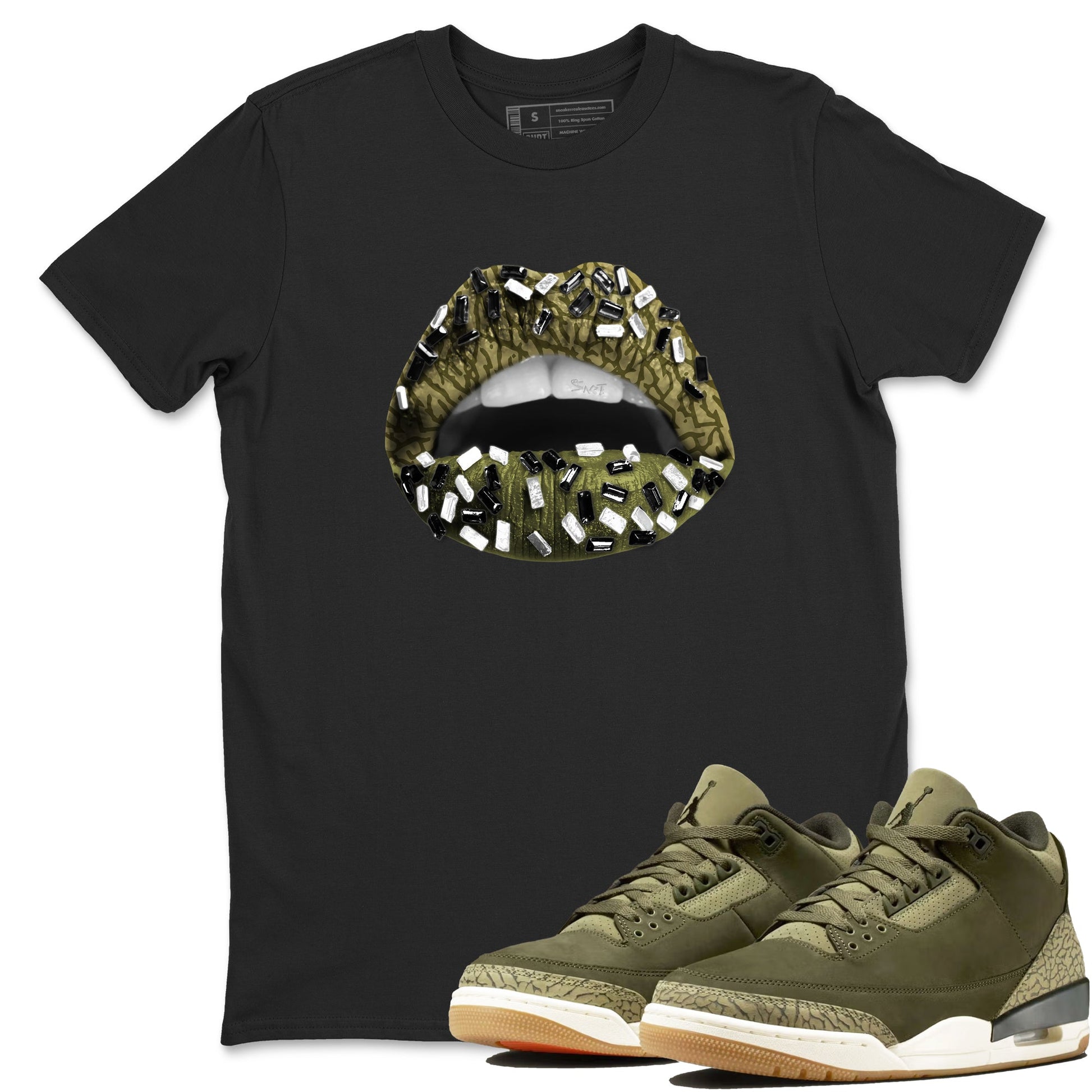 Sneaker Threads – Sneaker Tees To Match Air Jordan 3 Medium Olive – Lips Jewel Graphic Tee Black 1. Perfect for Jordan releases 2025 colorways.