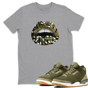 Sneaker Threads – Sneaker Tees To Match Air Jordan 3 Medium Olive – Lips Jewel Graphic Tee Heather Grey 1. Perfect for Jordan releases 2025 colorways.