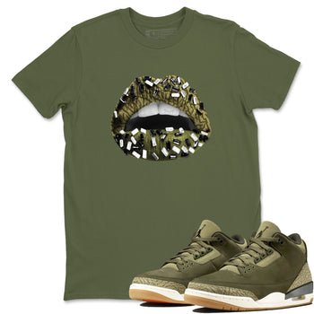 Sneaker Threads – Sneaker Tees To Match Air Jordan 3 Medium Olive – Lips Jewel Graphic Tee Military Green 1. Perfect for Jordan releases 2025 colorways.