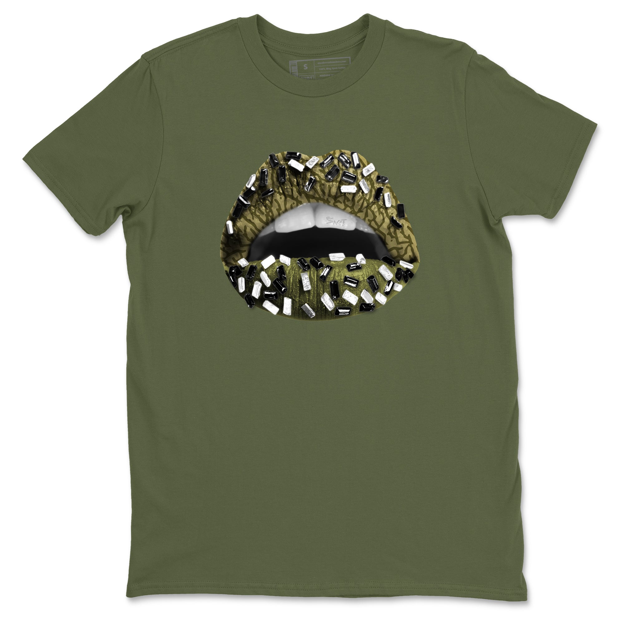 Sneaker Threads – Sneaker Tees To Match Air Jordan 3 Medium Olive – Lips Jewel Graphic Tee Military Green 2. Perfect for Jordan releases 2025 colorways.