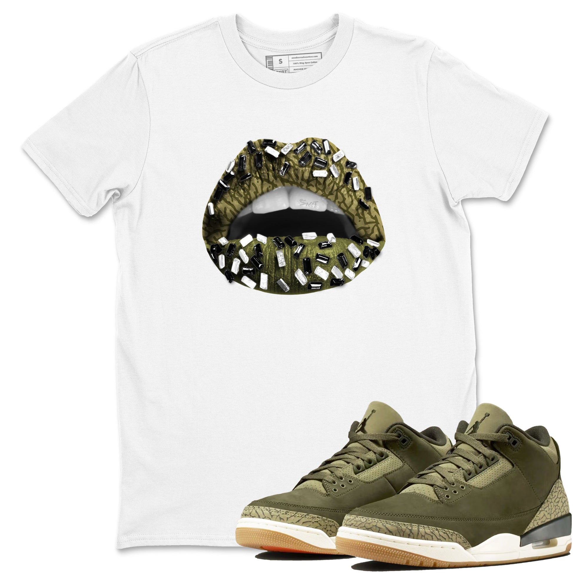 Sneaker Threads – Sneaker Tees To Match Air Jordan 3 Medium Olive – Lips Jewel Graphic Tee White 1. Perfect for Jordan releases 2025 colorways.