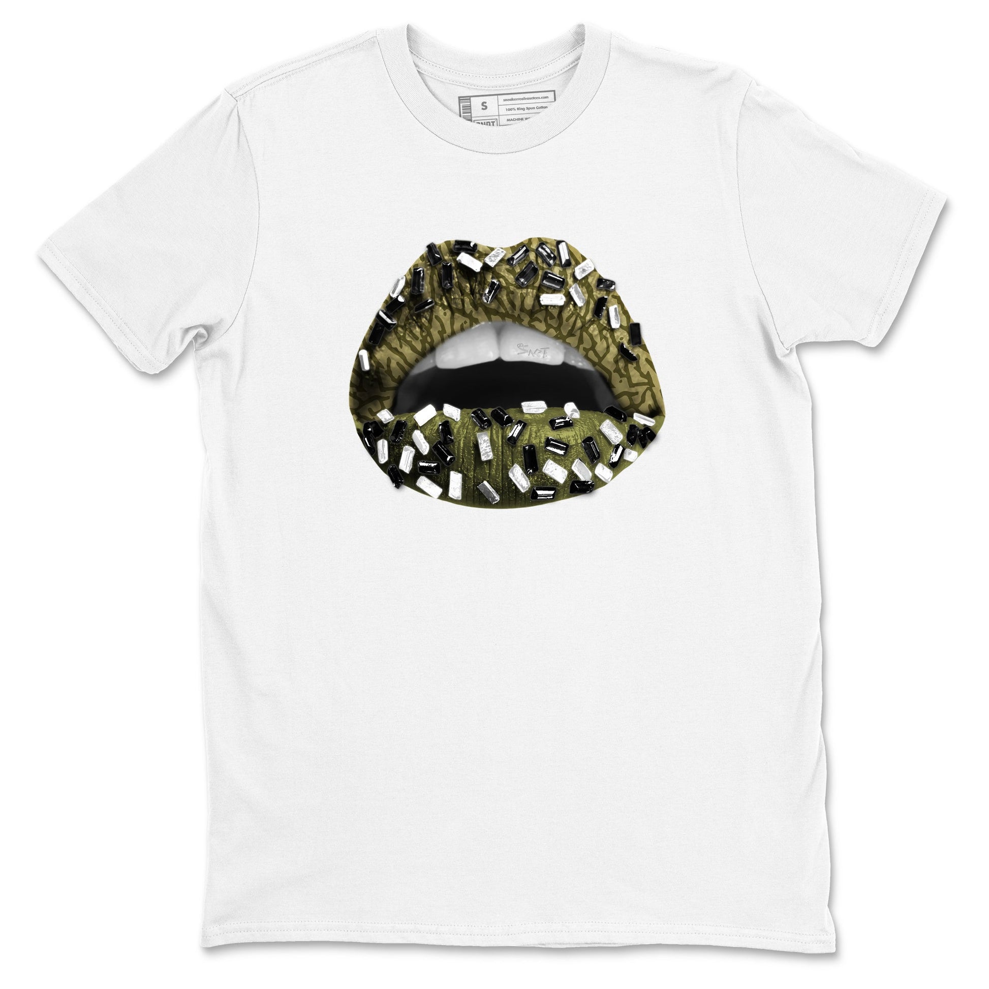 Sneaker Threads – Sneaker Tees To Match Air Jordan 3 Medium Olive – Lips Jewel Graphic Tee White 2. Perfect for Jordan releases 2025 colorways.