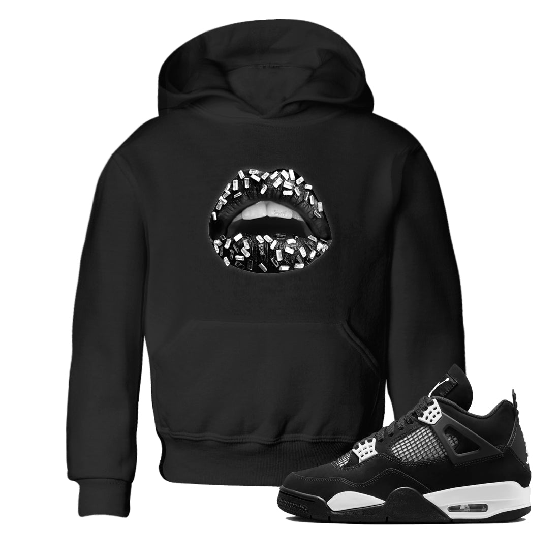4s White Thunder shirts to match jordans Lips Jewel sneaker match tees Air Jordan 4 Retro White Thunder SNRT Sneaker Release Tees Youth Baby Black 1 crew neck shirts