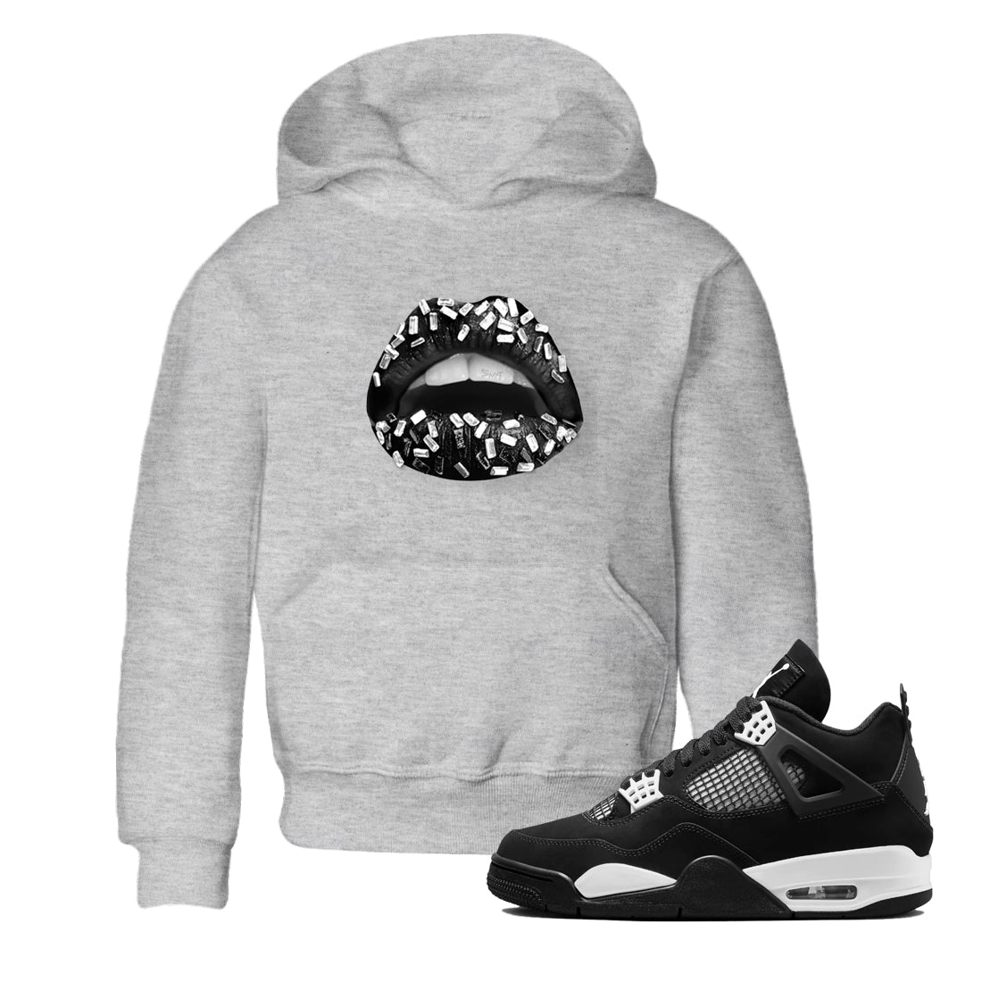 4s White Thunder shirts to match jordans Lips Jewel sneaker match tees Air Jordan 4 Retro White Thunder SNRT Sneaker Release Tees Youth Baby Heather Grey 1 crew neck shirts