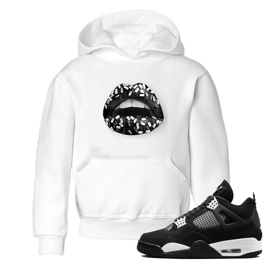 4s White Thunder shirts to match jordans Lips Jewel sneaker match tees Air Jordan 4 Retro White Thunder SNRT Sneaker Release Tees Youth Baby White 1 crew neck shirts