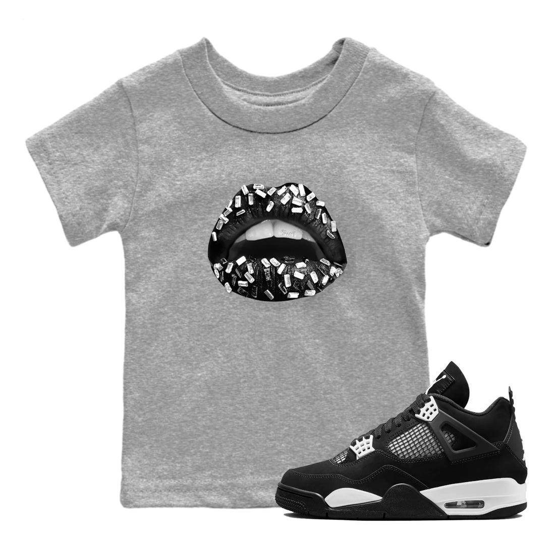 4s White Thunder shirts to match jordans Lips Jewel sneaker match tees Air Jordan 4 Retro White Thunder SNRT Sneaker Release Tees Youth Baby Heather Grey 1 crew neck shirts