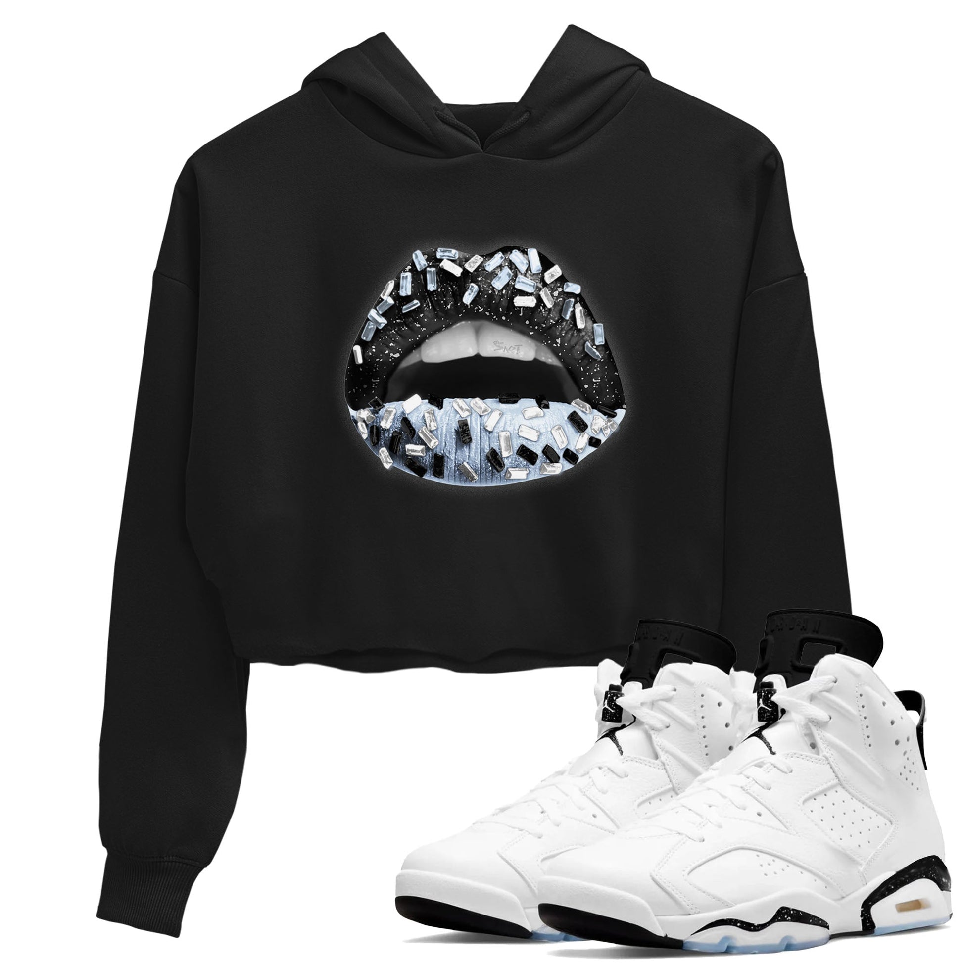 AJ6 White Black shirts to match jordans Lips Jewel sneaker match tees Air Jordan 6 White Black SNRT Sneaker Tees streetwear brand Black 1 crop tee