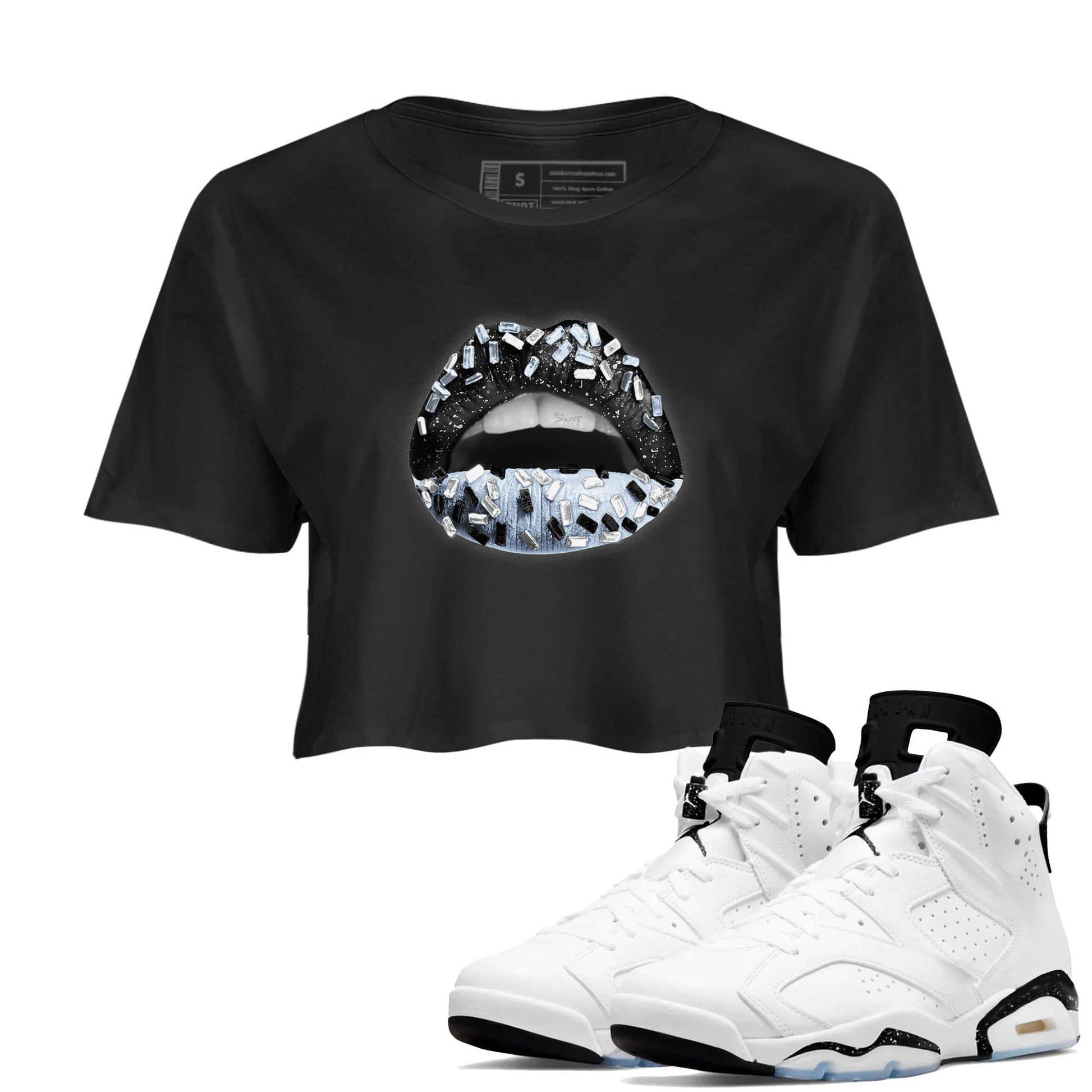 AJ6 White Black shirts to match jordans Lips Jewel sneaker match tees Air Jordan 6 White Black SNRT Sneaker Tees streetwear brand Black 1 crop tee