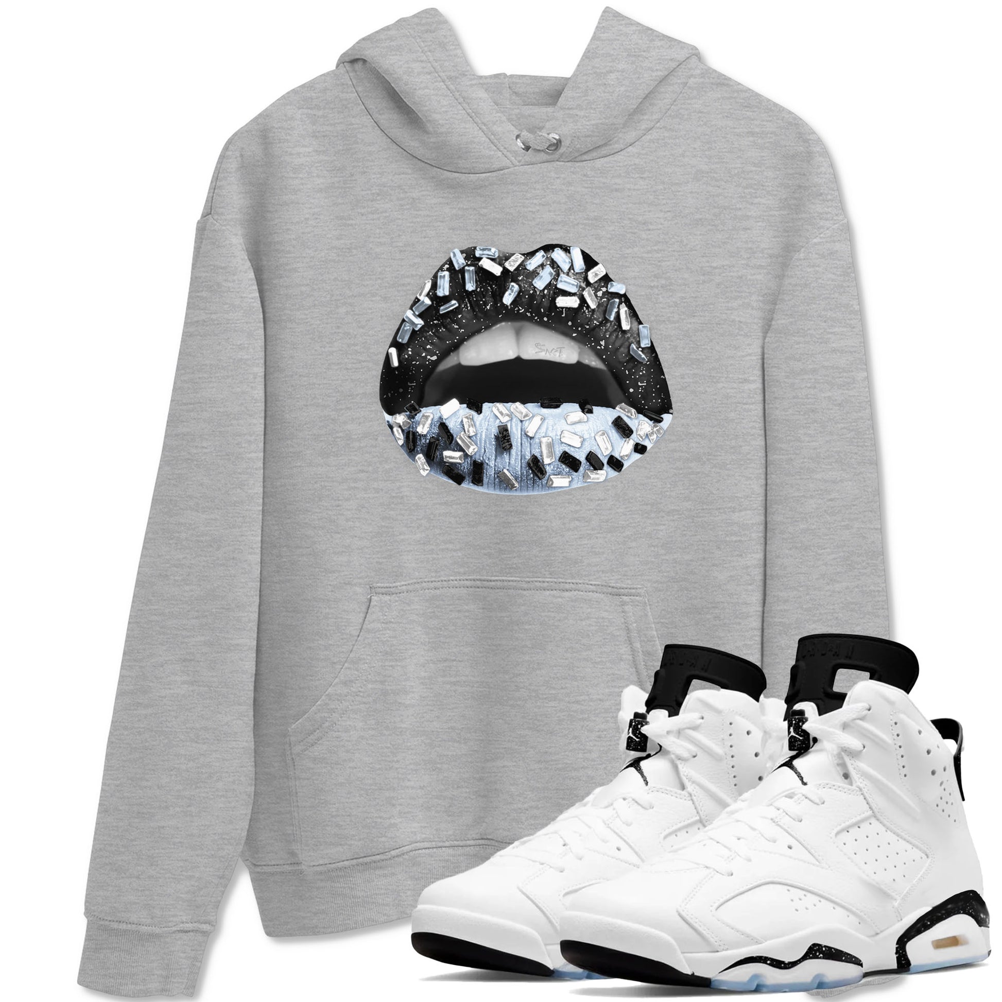 AJ6 White Black shirts to match jordans Lips Jewel sneaker match tees Air Jordan 6 White Black SNRT Sneaker Tees streetwear brand Heather Grey 1 unisex cotton tee