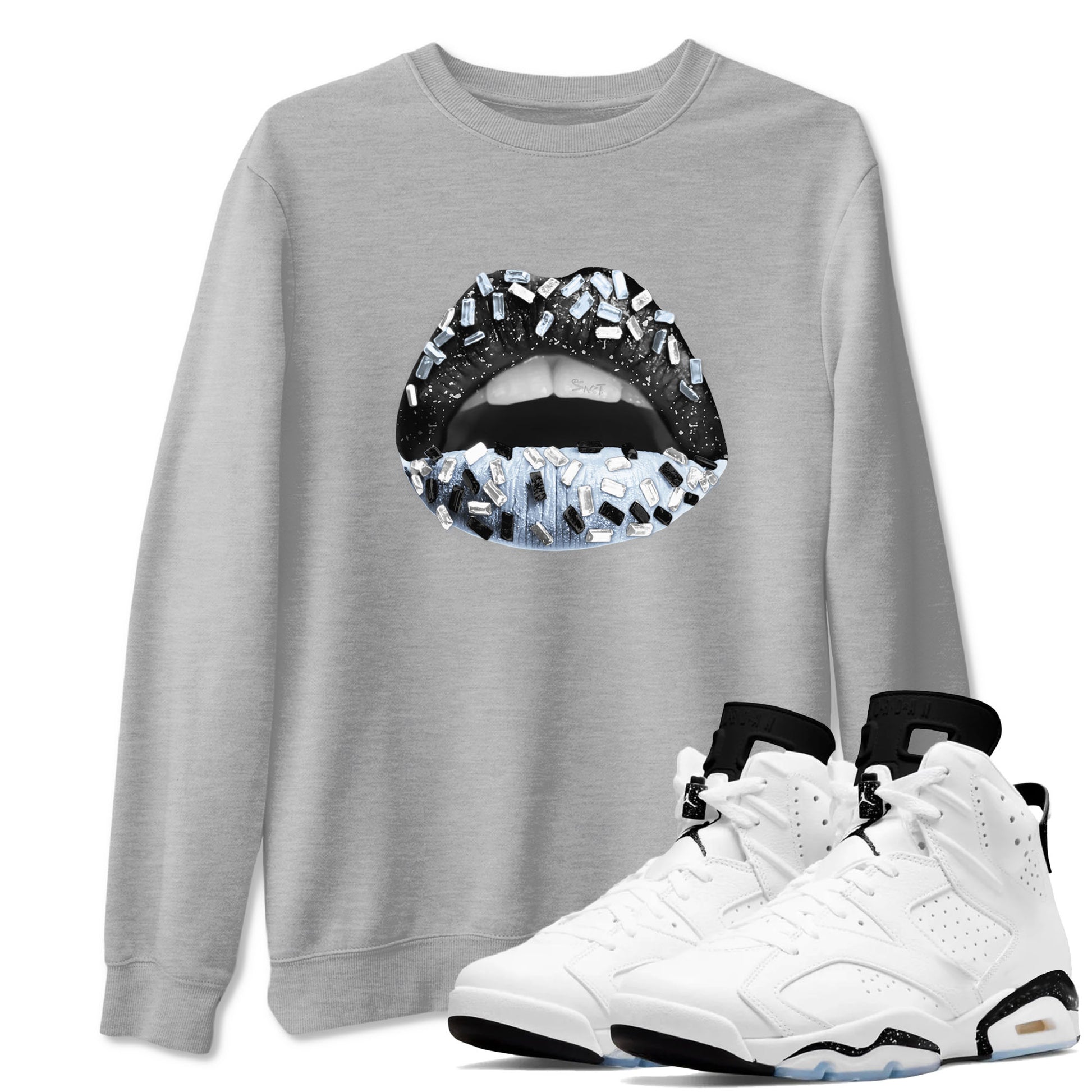 AJ6 White Black shirts to match jordans Lips Jewel sneaker match tees Air Jordan 6 White Black SNRT Sneaker Tees streetwear brand Heather Grey 1 unisex cotton tee