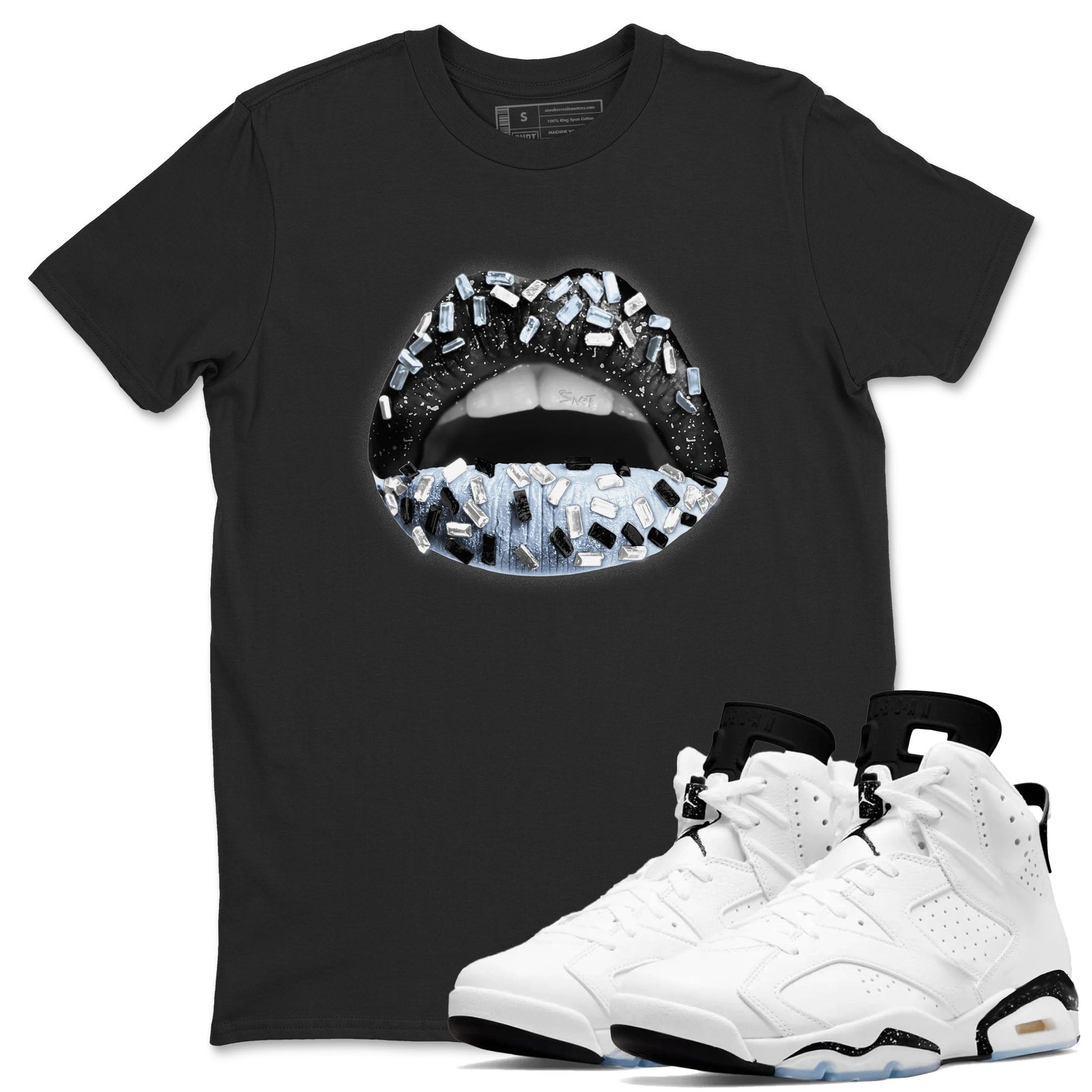 AJ6 White Black shirts to match jordans Lips Jewel sneaker match tees Air Jordan 6 White Black SNRT Sneaker Tees streetwear brand Black 1 unisex cotton tee