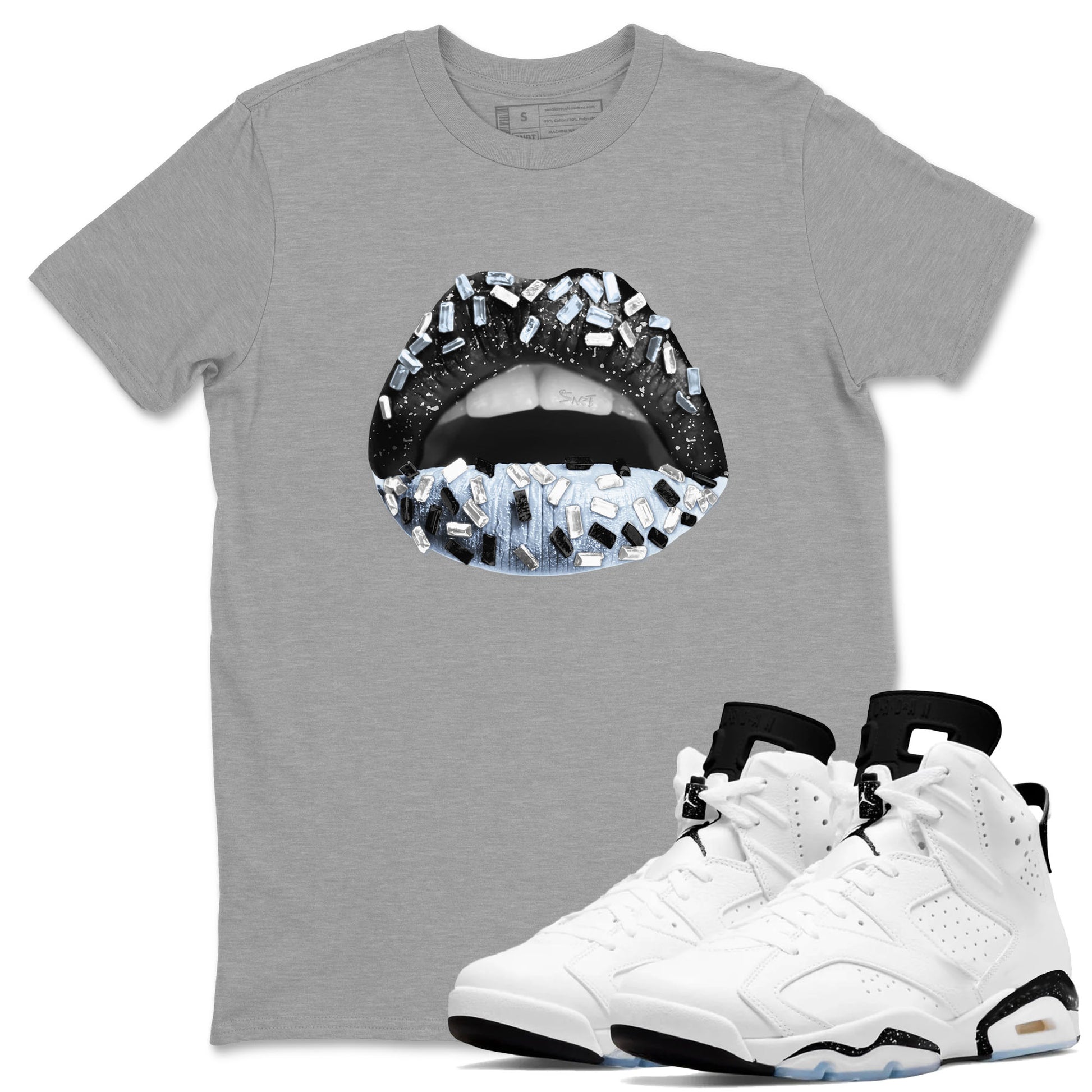 AJ6 White Black shirts to match jordans Lips Jewel sneaker match tees Air Jordan 6 White Black SNRT Sneaker Tees streetwear brand Heather Grey 1 unisex cotton tee