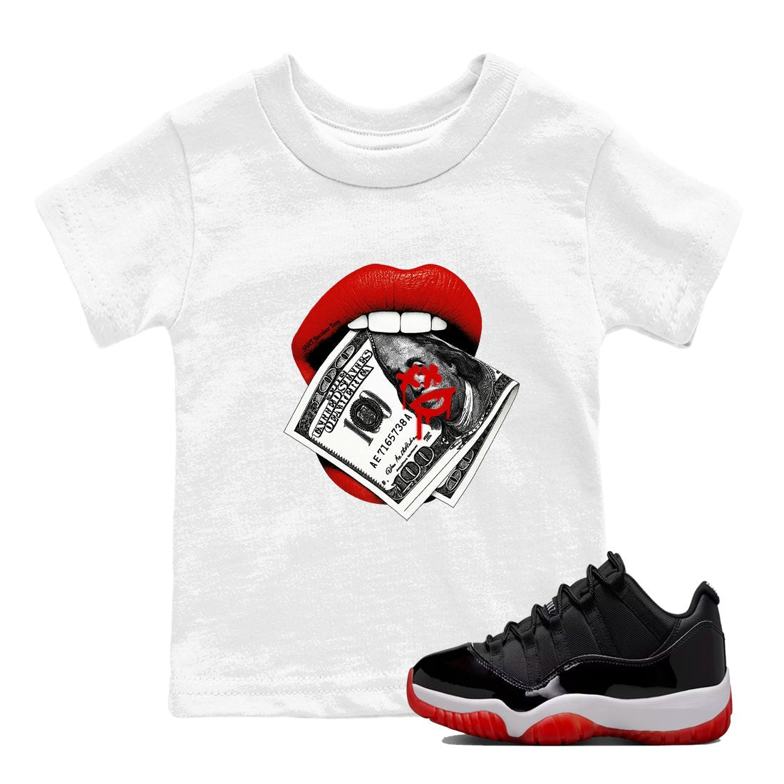 11s Bred shirts to match jordans Lips Money sneaker match tees Air Jordan 11 Retro Bred match shoes to clothes SNRT Sneaker Tees Youth Baby White 1 tee