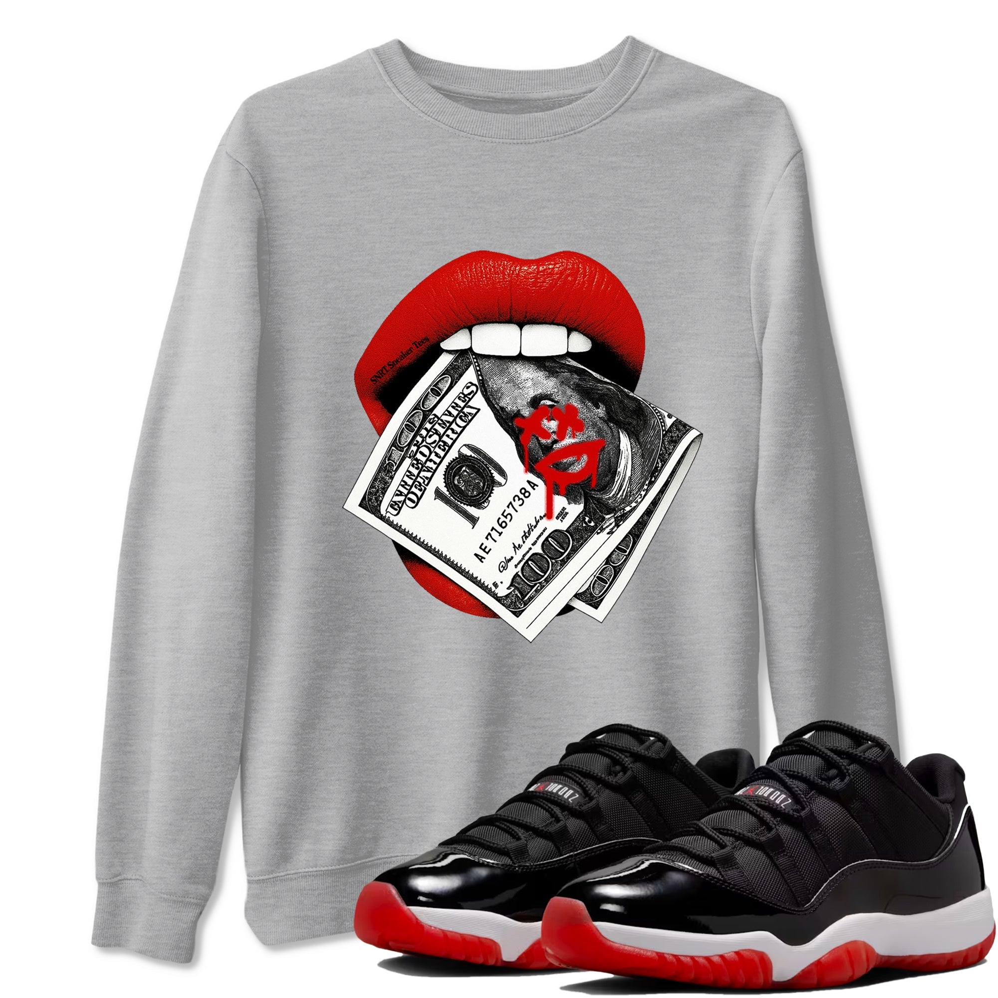 11s Bred shirts to match jordans Lips Money sneaker match tees Air Jordan 11 Retro Bred match shoes to clothes SNRT Sneaker Tees unisex cotton Heather Grey 1 shirts