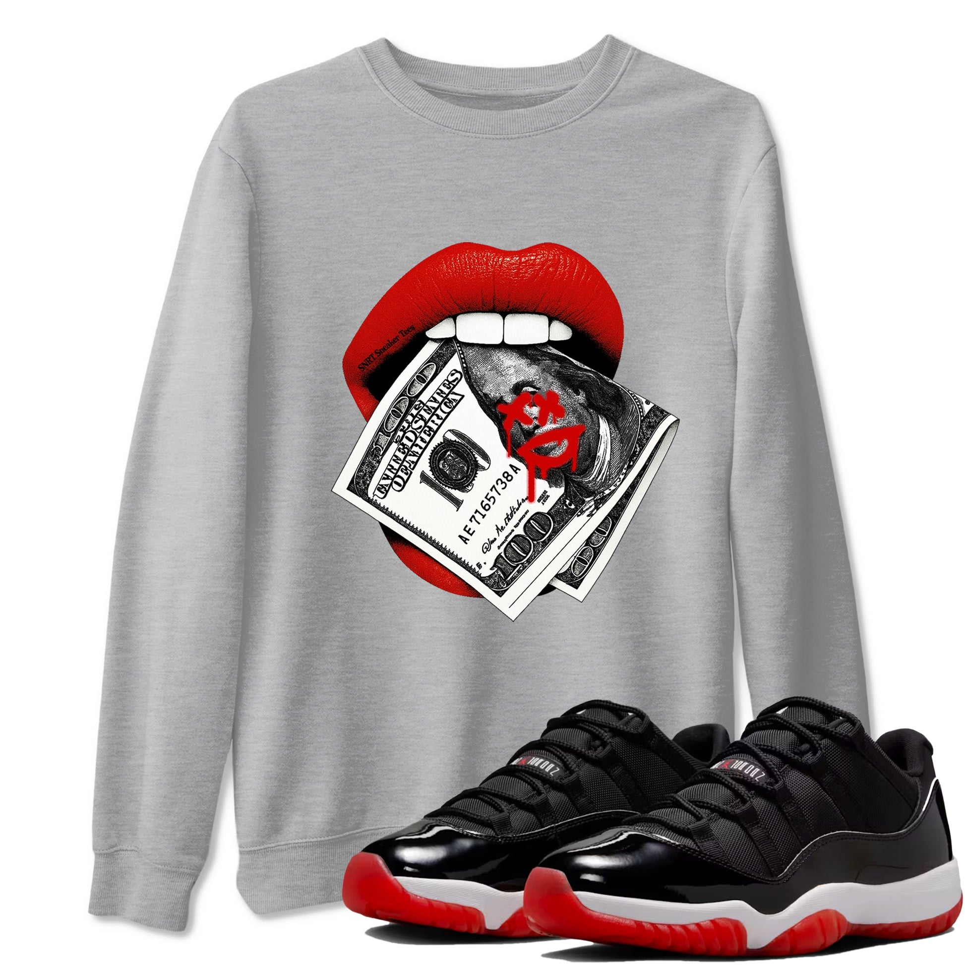 11s Bred shirts to match jordans Lips Money sneaker match tees Air Jordan 11 Retro Bred match shoes to clothes SNRT Sneaker Tees unisex cotton Heather Grey 1 shirts