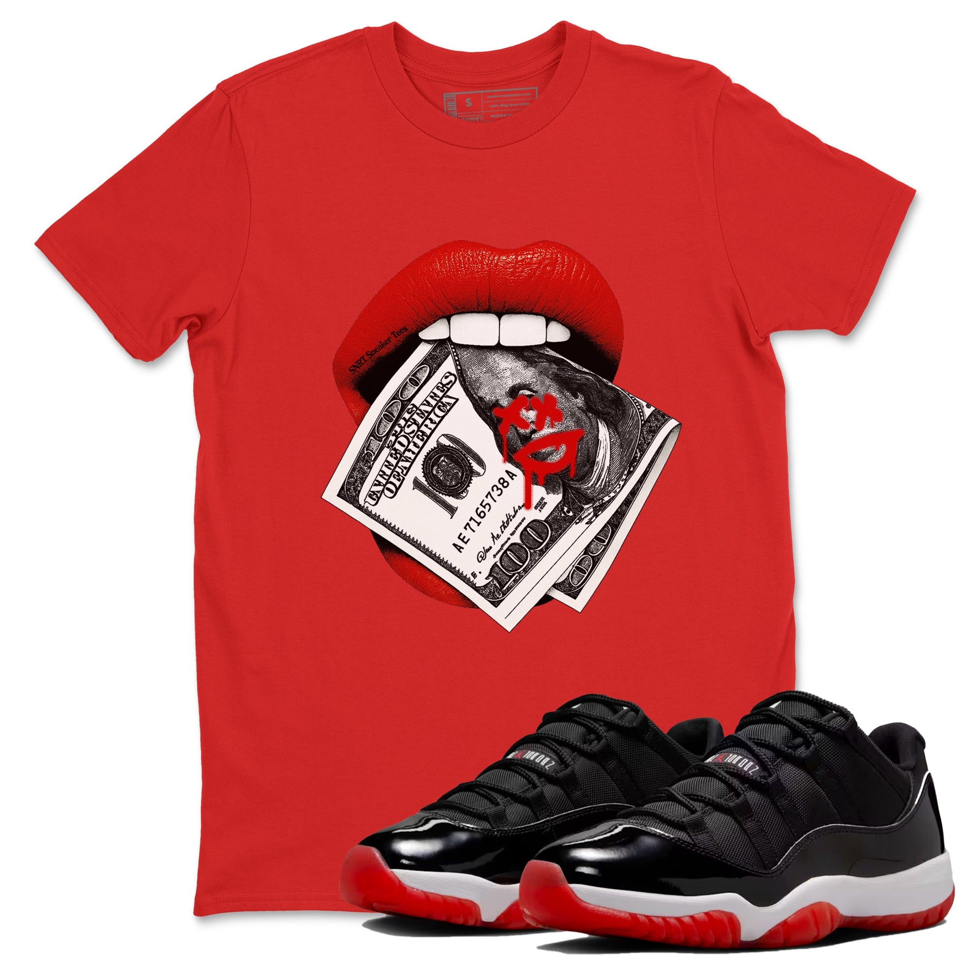 11s Bred shirts to match jordans Lips Money sneaker match tees Air Jordan 11 Retro Bred match shoes to clothes SNRT Sneaker Tees unisex cotton Red 1 shirts