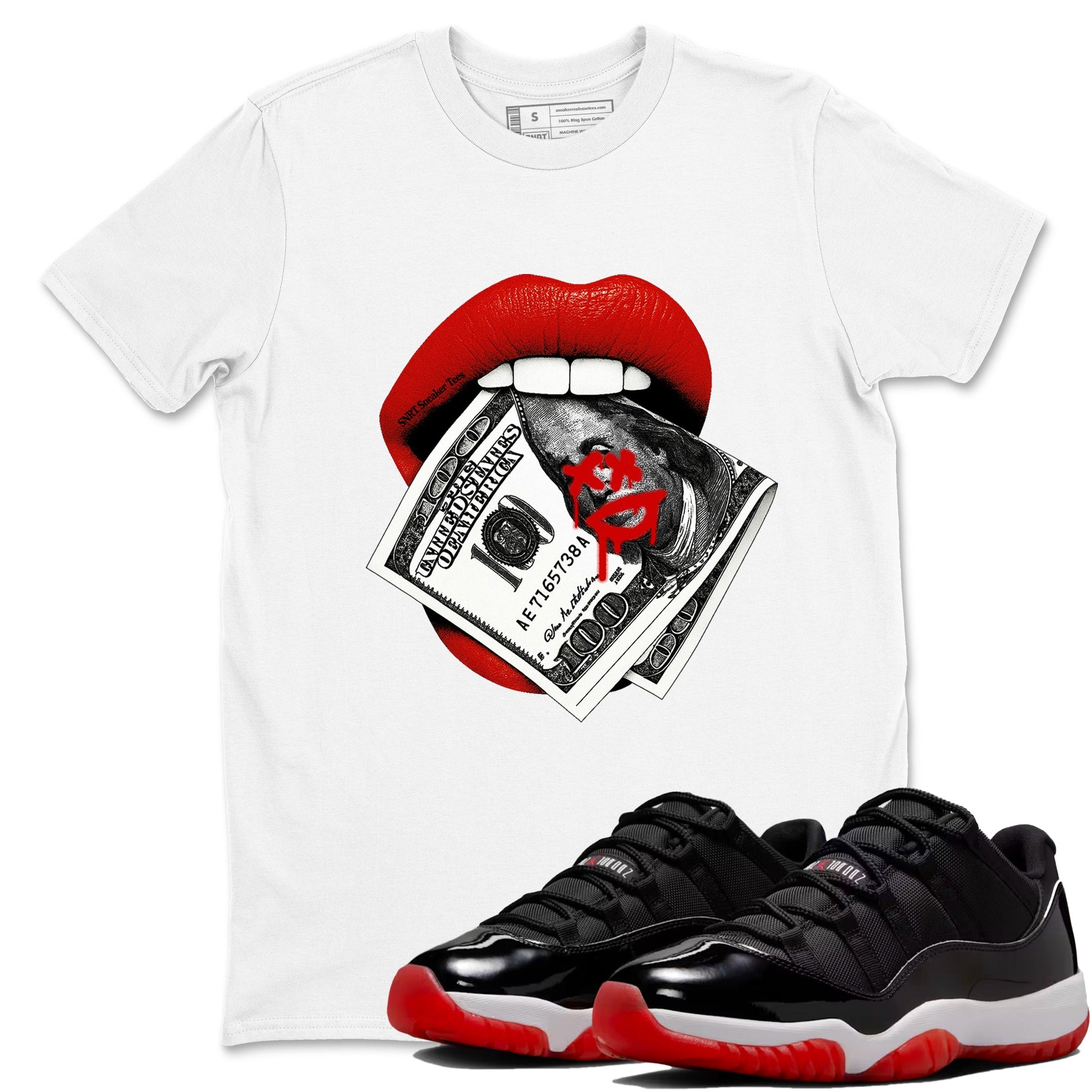 11s Bred shirts to match jordans Lips Money sneaker match tees Air Jordan 11 Retro Bred match shoes to clothes SNRT Sneaker Tees unisex cotton White 1 shirts