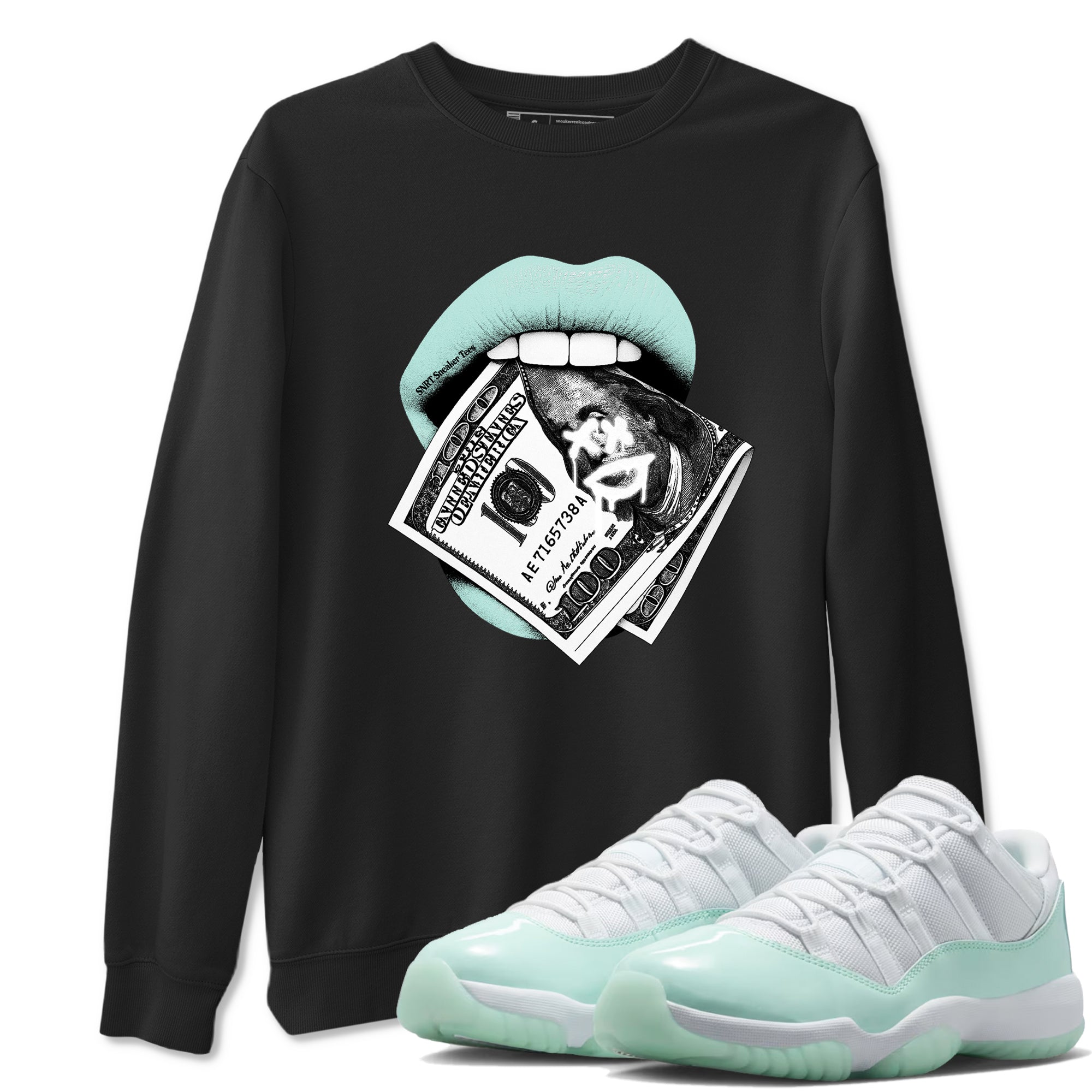 Lips Money sneaker match t-shirt styled to complete your fit with the Air Jordan 11 Igloo sneakers, shown in Black 1.