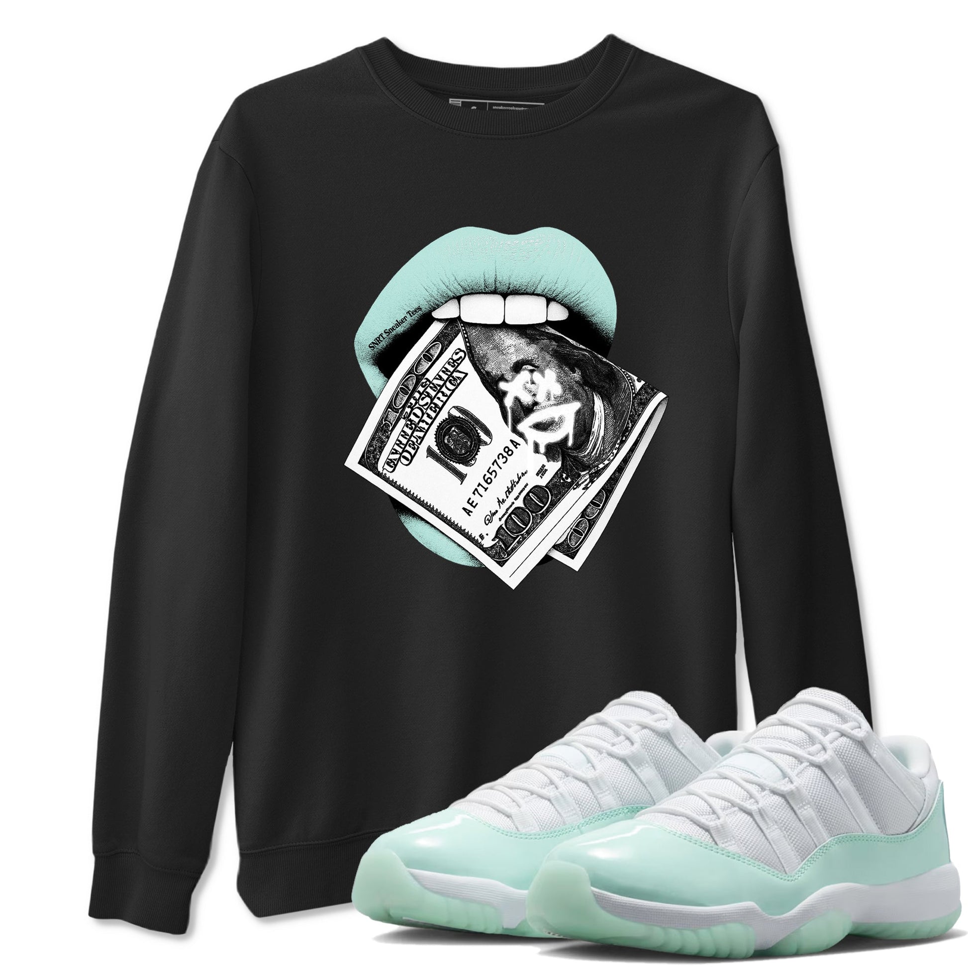 Lips Money sneaker match t-shirt styled to complete your fit with the Air Jordan 11 Igloo sneakers, shown in Black 1.