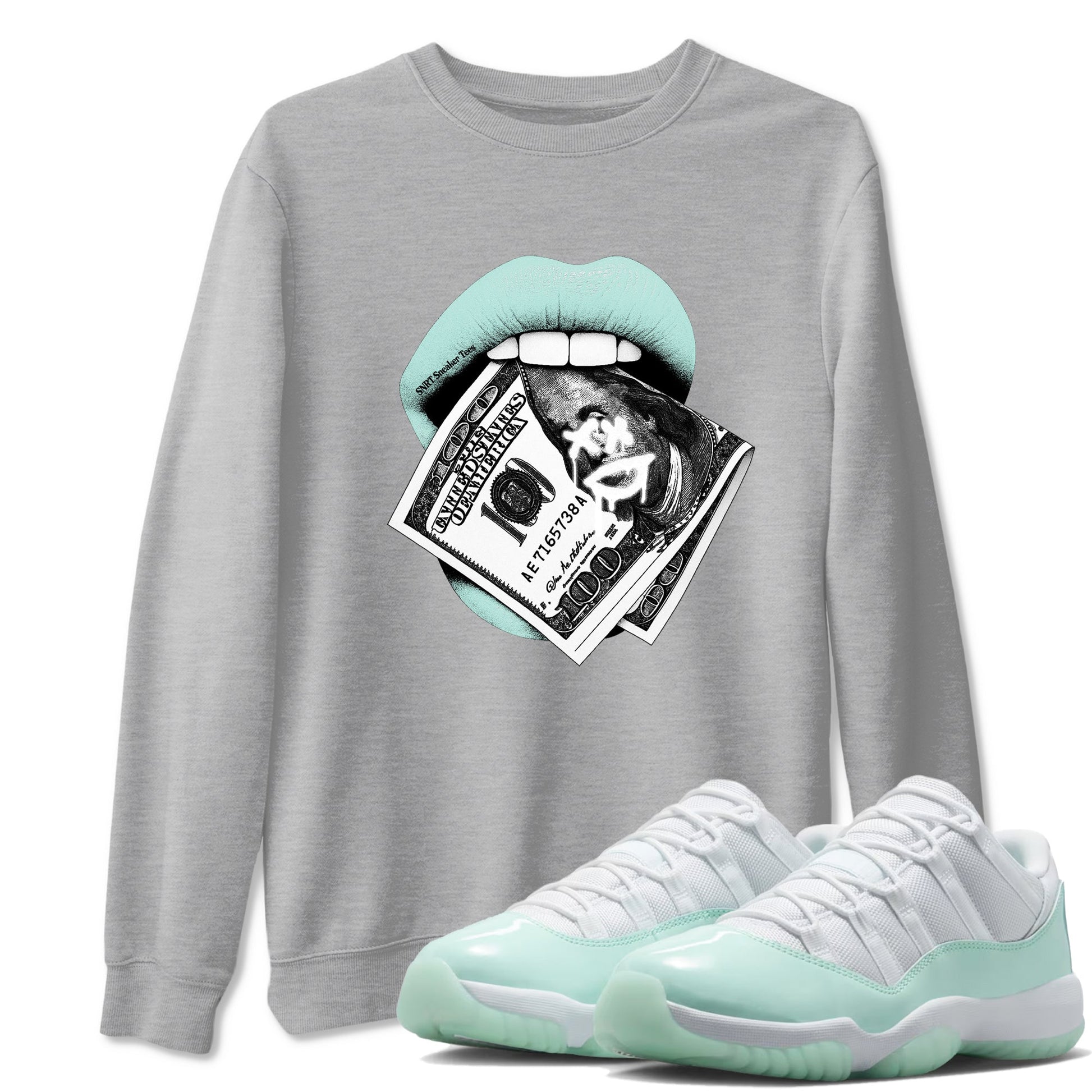 Lips Money sneaker match t-shirt styled to complete your fit with the Air Jordan 11 Igloo sneakers, shown in Heather Grey 1.