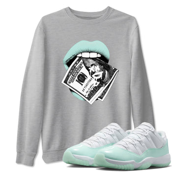 Lips Money sneaker match t-shirt styled to complete your fit with the Air Jordan 11 Igloo sneakers, shown in Heather Grey 1.